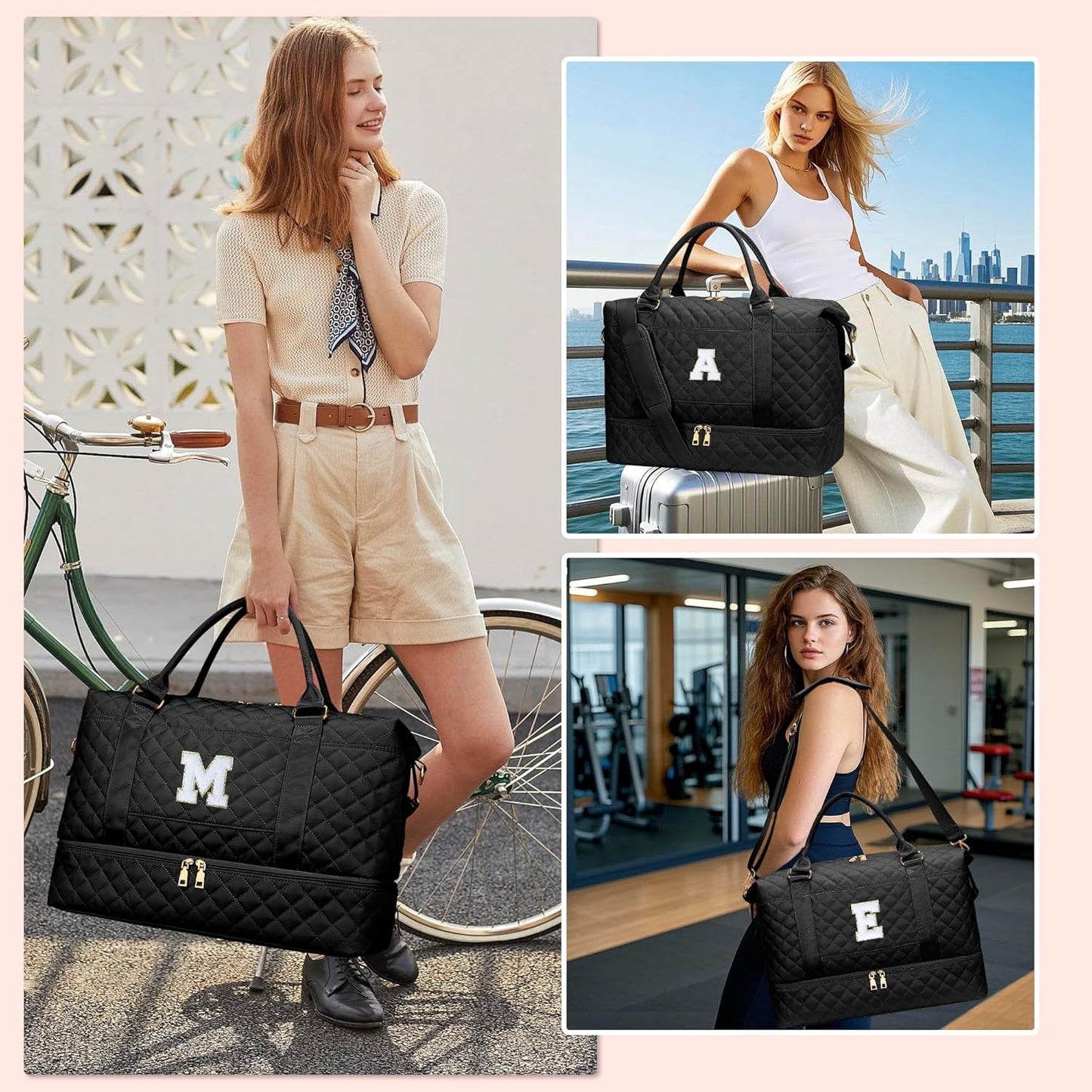 Gifts for Women Girls Birthday Christmas Initial Travel Duffle Bag Quilted Weekender Bags Carry-On Overnight with Cosmetic Bag, Hospital Bag for Women Labor Delivery, Black O