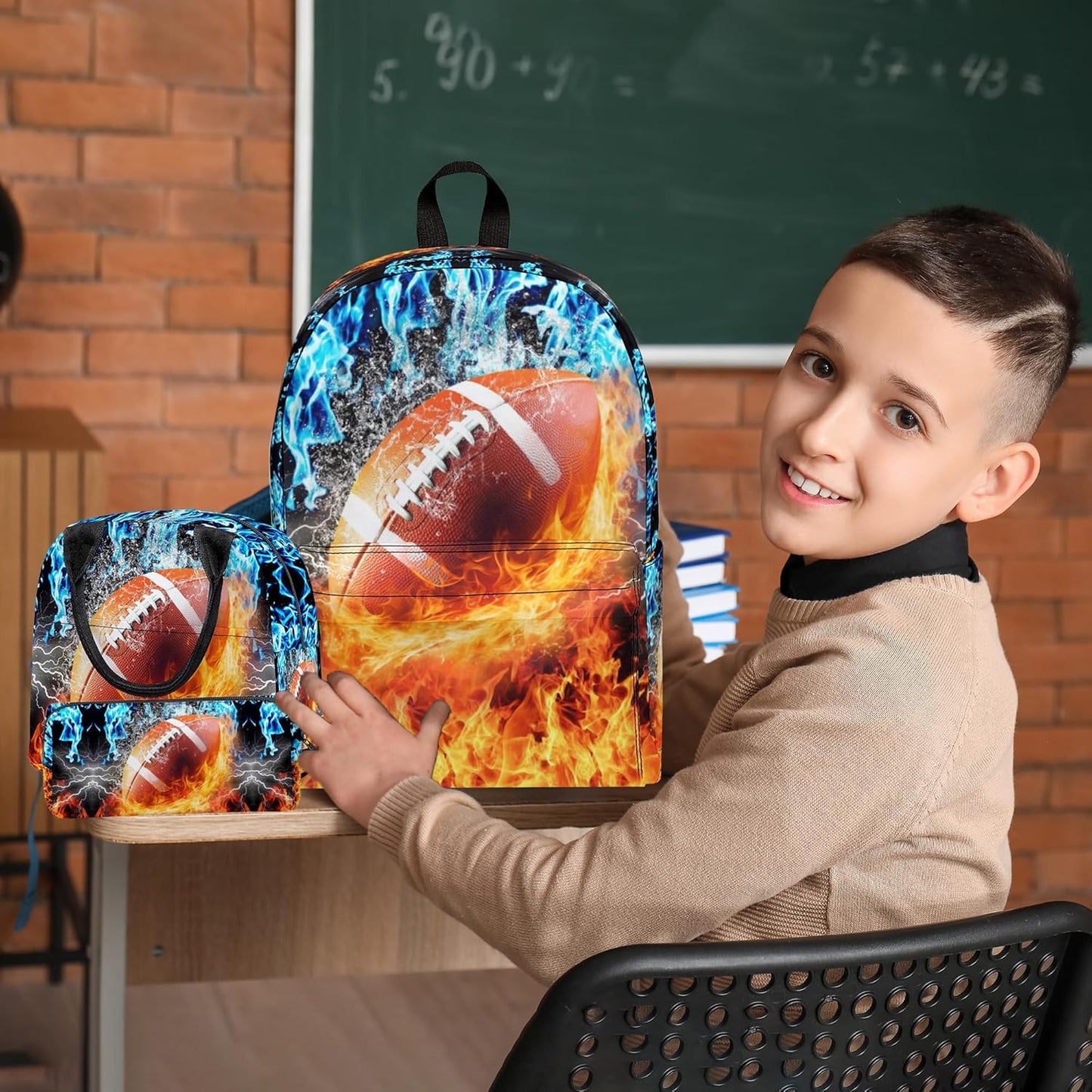 3PCS Football Backpack Set for Boys, Large Lightweight 17 Inch Backpack with Lunch Bag & Pencil Case for Kids, Back to School Cool Sports Bookbag for Elementary Middle School - Fire