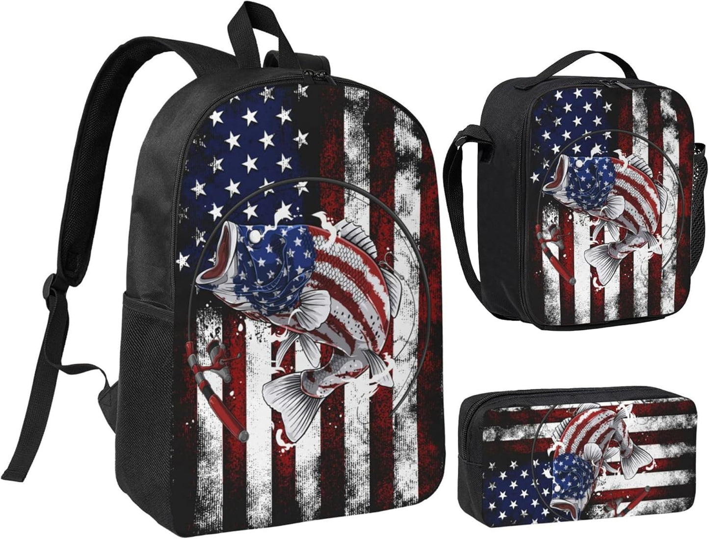 USA Fish Kid Backpack Set with Lunch Bag & Pencil Case Large Capacity School Bag 17 Inch Bookbag for Boy Girl