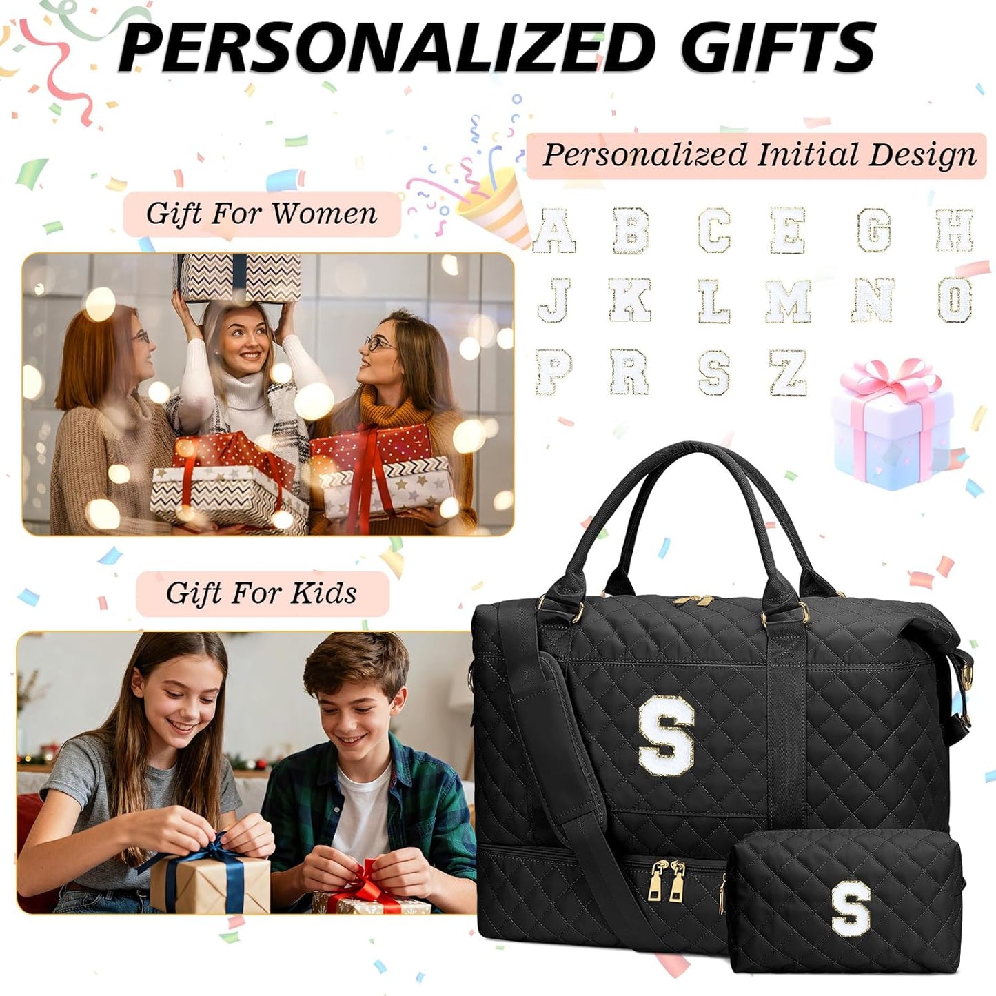 Gifts for Teen Girls Women Initial Travel Duffle Bag Quilted Weekender Carry-On Overnight with Cosmetic Bag, Gym Bag with Shoe Compartment, Black S