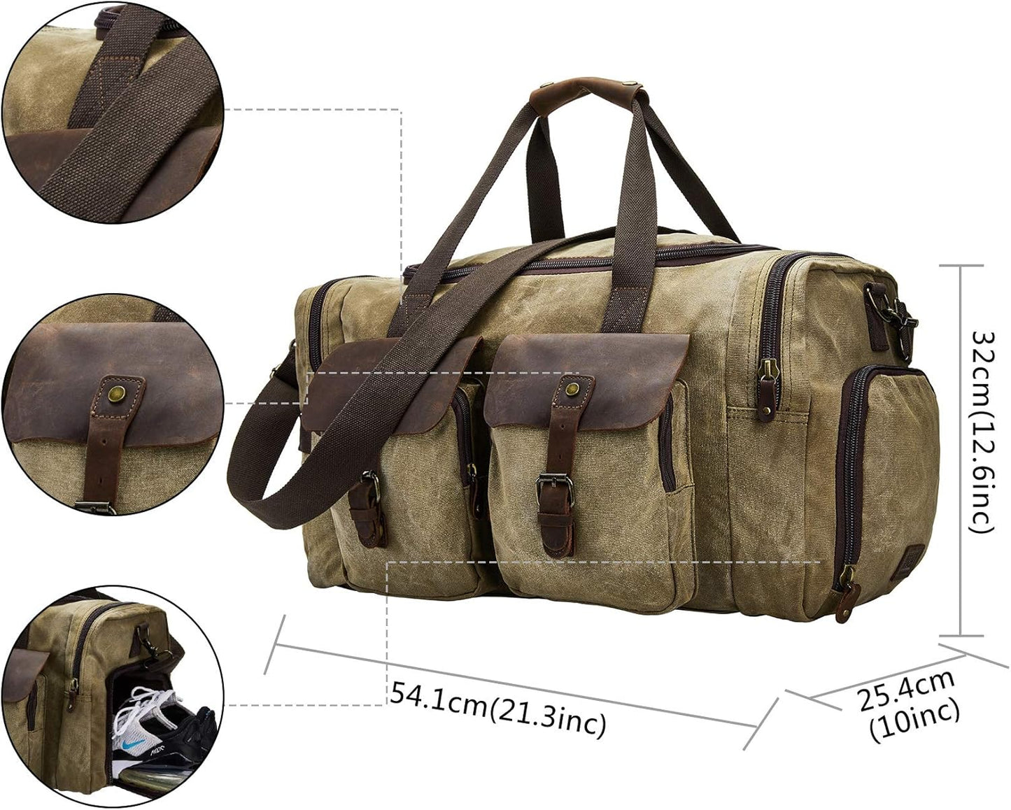 Men's Waxed Canvas Vintage Overnight Duffel Weekend Bag with Shoes Compartment (Khaki)