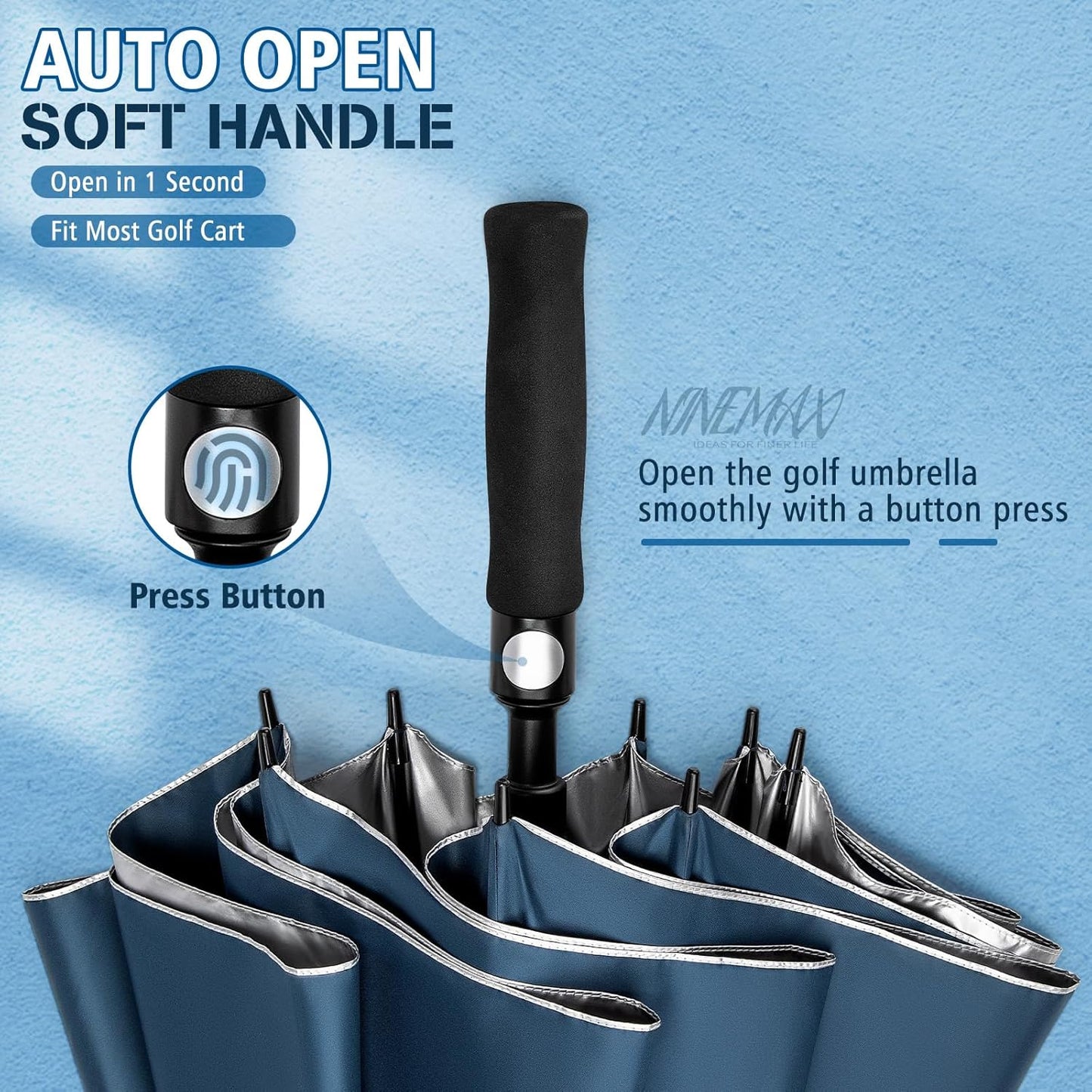 NINEMAX UV Protection Golf Umbrella 62/68 Inch, Sun Umbrellas UV Blocking UPF 50 for Rain Windproof Auto Open Vented Double Canopy