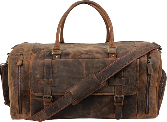 22 Inch Genuine Leather Full Grain Duffel Bag | Overnight Travel Weekend Sports Gym Traveling | Carryon Durable Cabin With Shoe Compartment For Men and Women