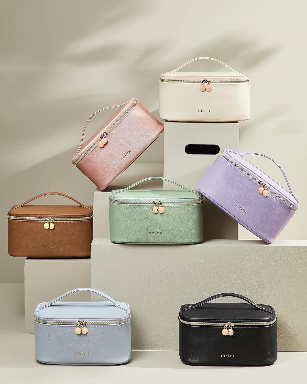 Prite Makeup Bag Portable Cosmetic Organizer with Brush Holder Waterproof Travel Toiletry Bag for Women with Handle and Divider (Checkered Green)