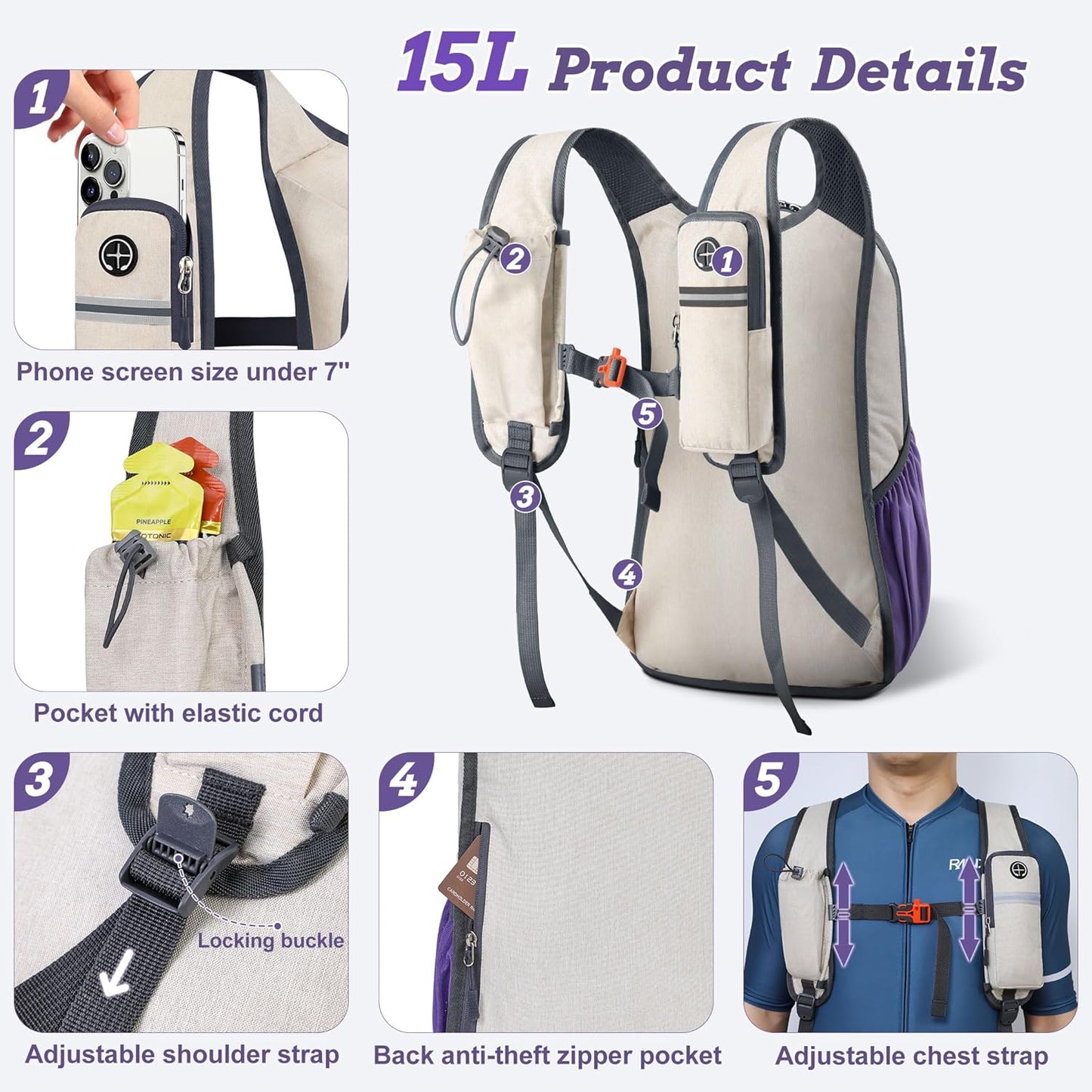 15L Small Hiking Backpack for Men Women Foldable Packable Back Pack Ultralight Hiking Daypack for Travel Camping Outdoor, Beige Purple