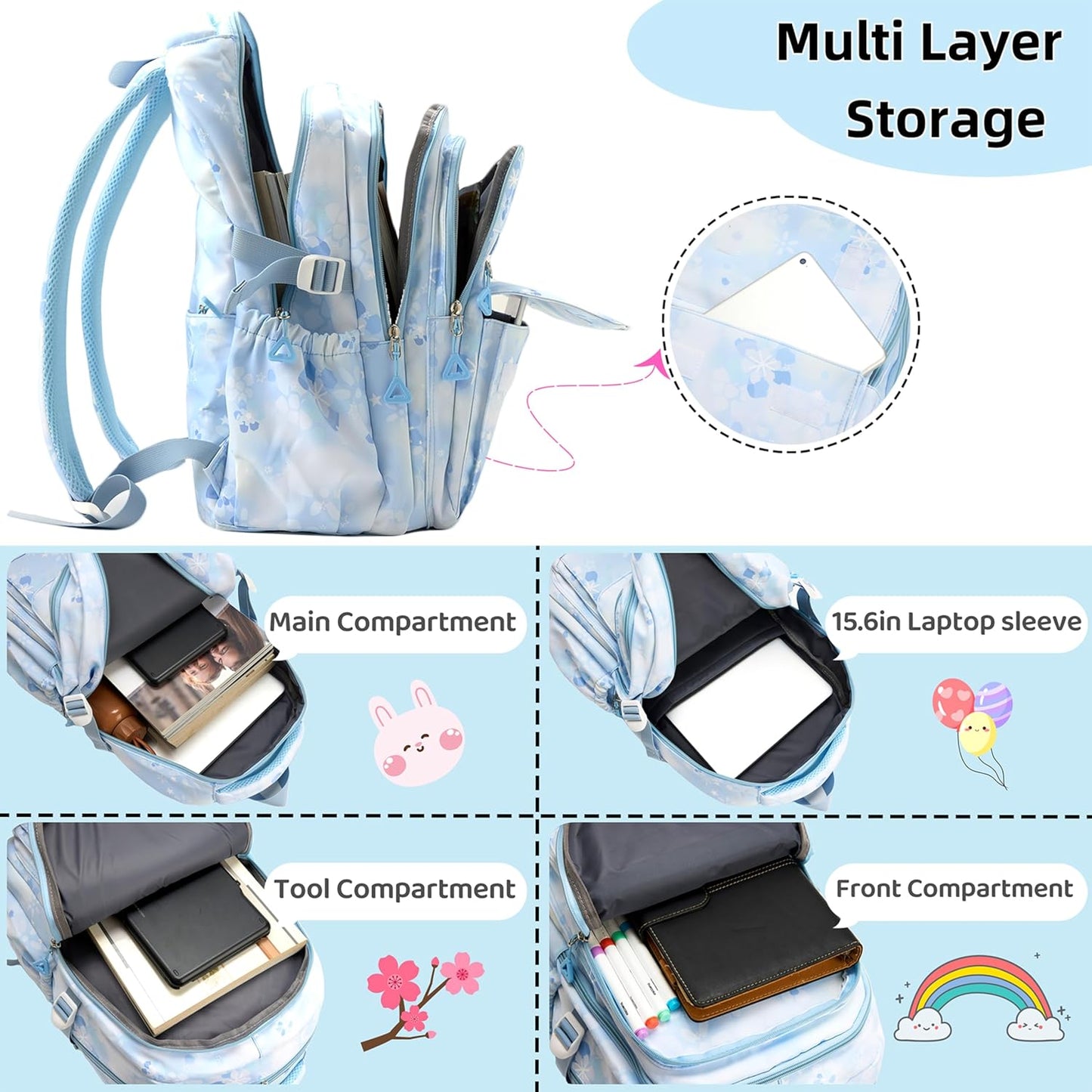 Kids Backpack for Girls Flower schoolbag with Lunch Bag & Pen Case Waterproof Girl Bookbag for Elementary school (blue)