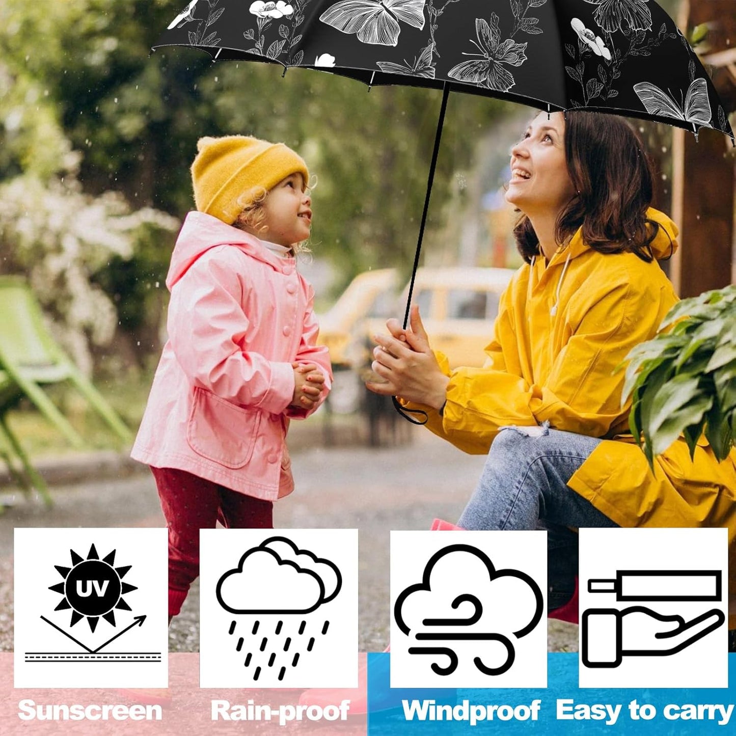 Small Travel Folding Umbrella for Girl, Portable, UV, SunShade, Compact, Automatic, Rain & Wind