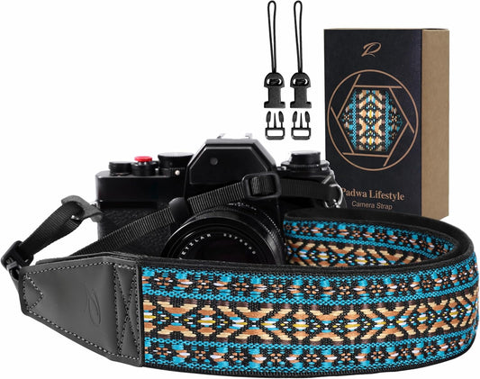 Padwa Lifestyle Boho Blue Camera Strap - 2" Full Grain Leather Ends Camera Straps for Photographers, Vintage Embroidered Cotton Weave Soft Suede Fabric Padded Strap Quick Release fits All Cameras