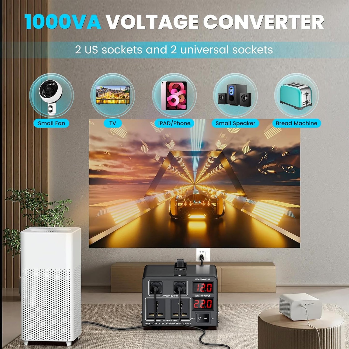 1000W Voltage Converter Transformer(110V to 220V or 220V to 110V) Step Up/Down Converter 110/120 Volt - 220/240 Volt w/US Power Cord,Circuit Breaker Protection, LCD Screen Display