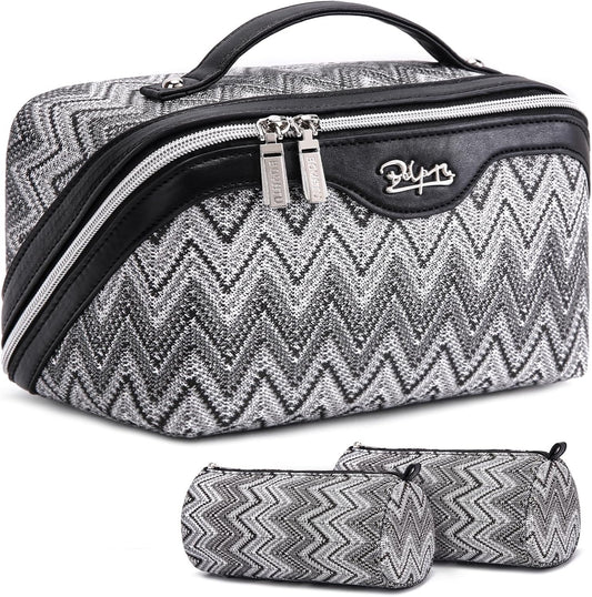 BOYATU Travel Makeup Bag for Women: Western Boho Make up Bag Set of 3 - Large Capacity Vegan Leather Cosmetic Bag - Waterproof Toiletry Bag with Compartments & Handle & Divider(J-3-Black)