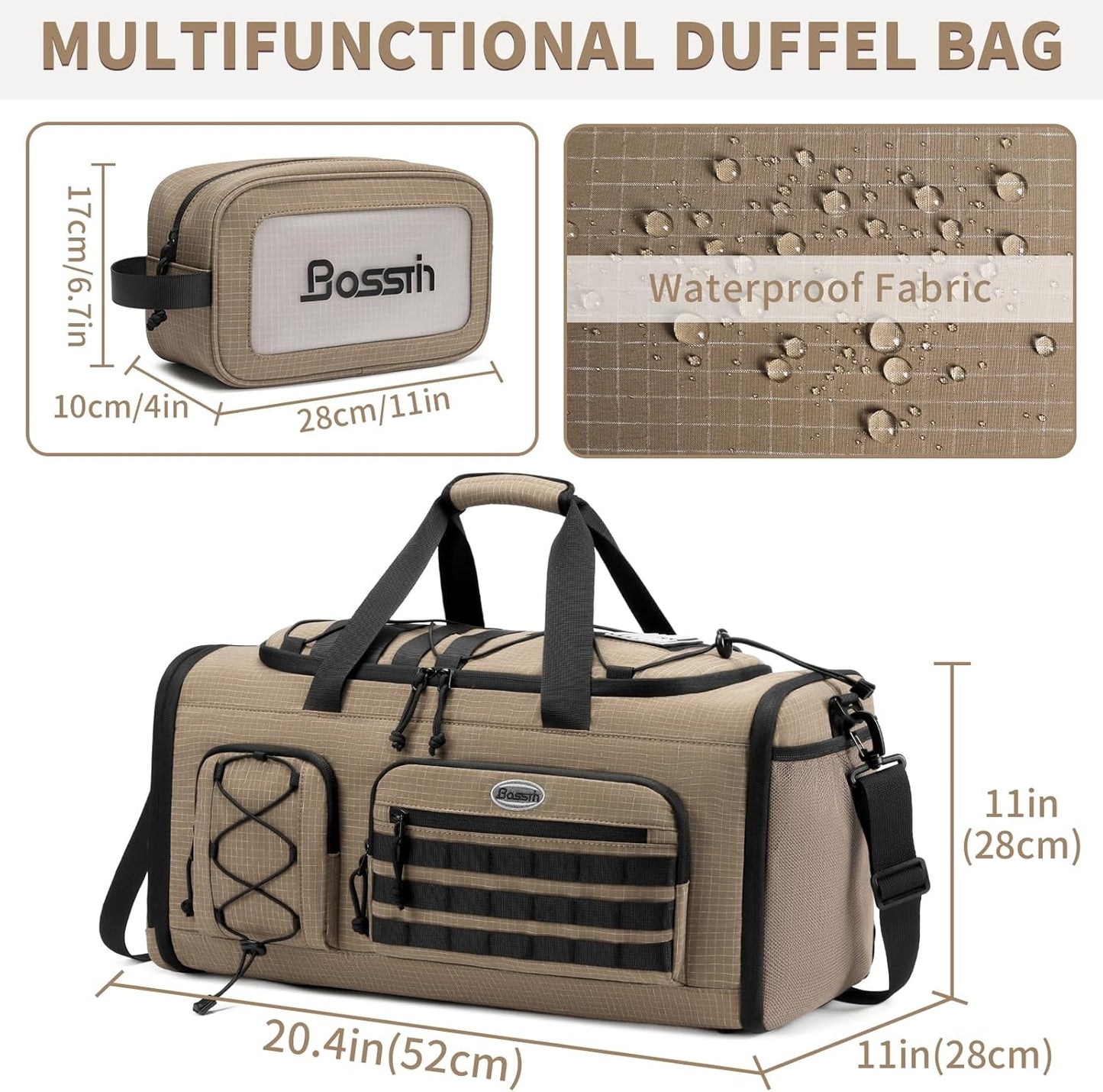 Bosstin Gym Bag for Men & Women,45L Travel Duffle Sports Duffel Bag Gym Weekender Overnight Backpack with Shoe Compartment (KHAKI CHECKERED)