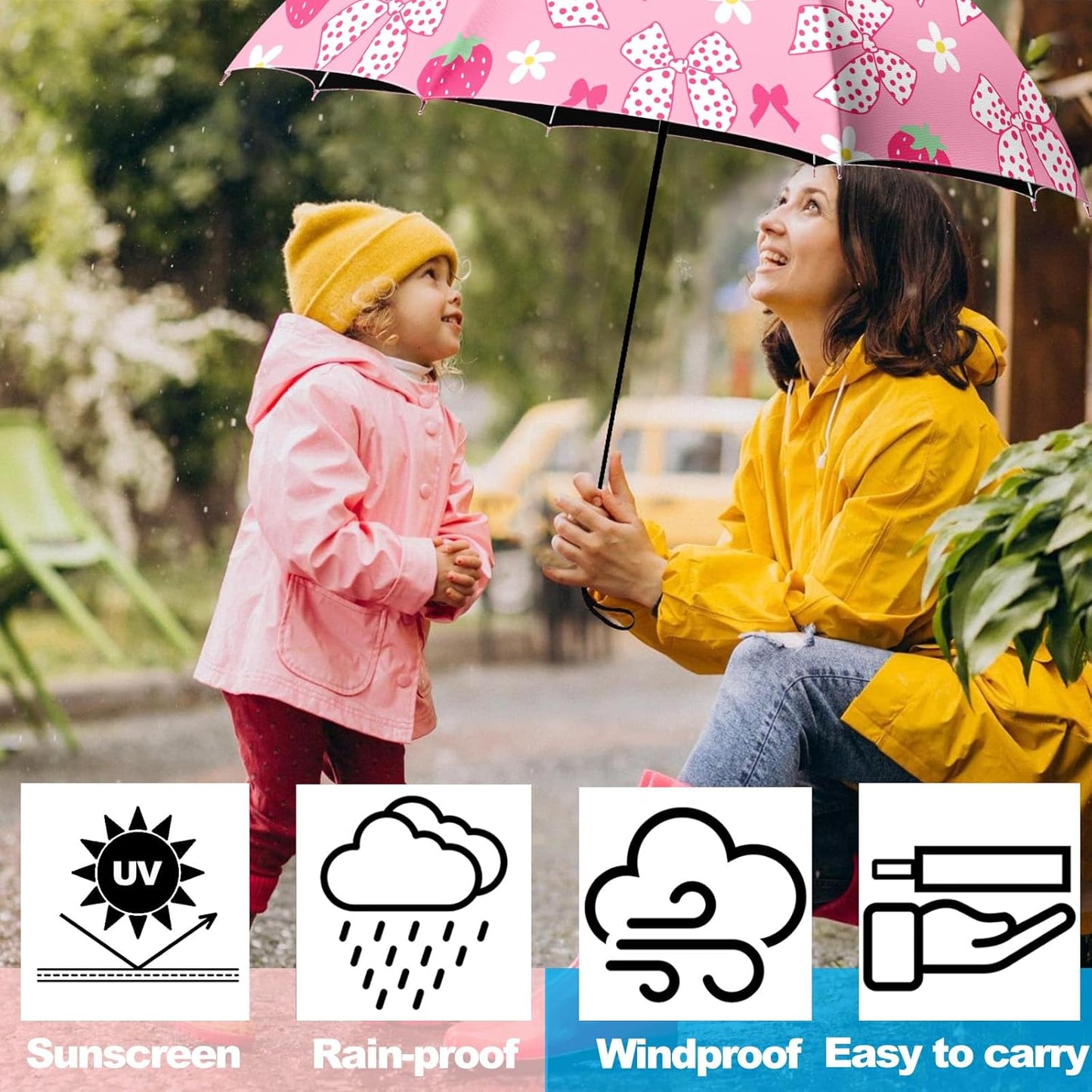Small Travel Folding Umbrella for Girl, Portable, UV, SunShade, Compact, Automatic, Rain & Wind