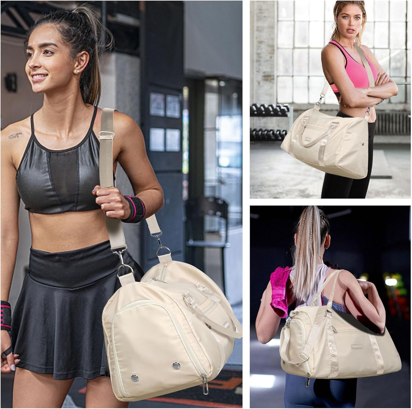FIORETTO Womens Gym Tote Duffle Bag with Wet Pocket & Shoe Compartment, Sports Duffel Overnight Weekender Hospital Workout Carry on Bag for Girls, Ideal for Travel, Swimming, Dance, Ballet Beige