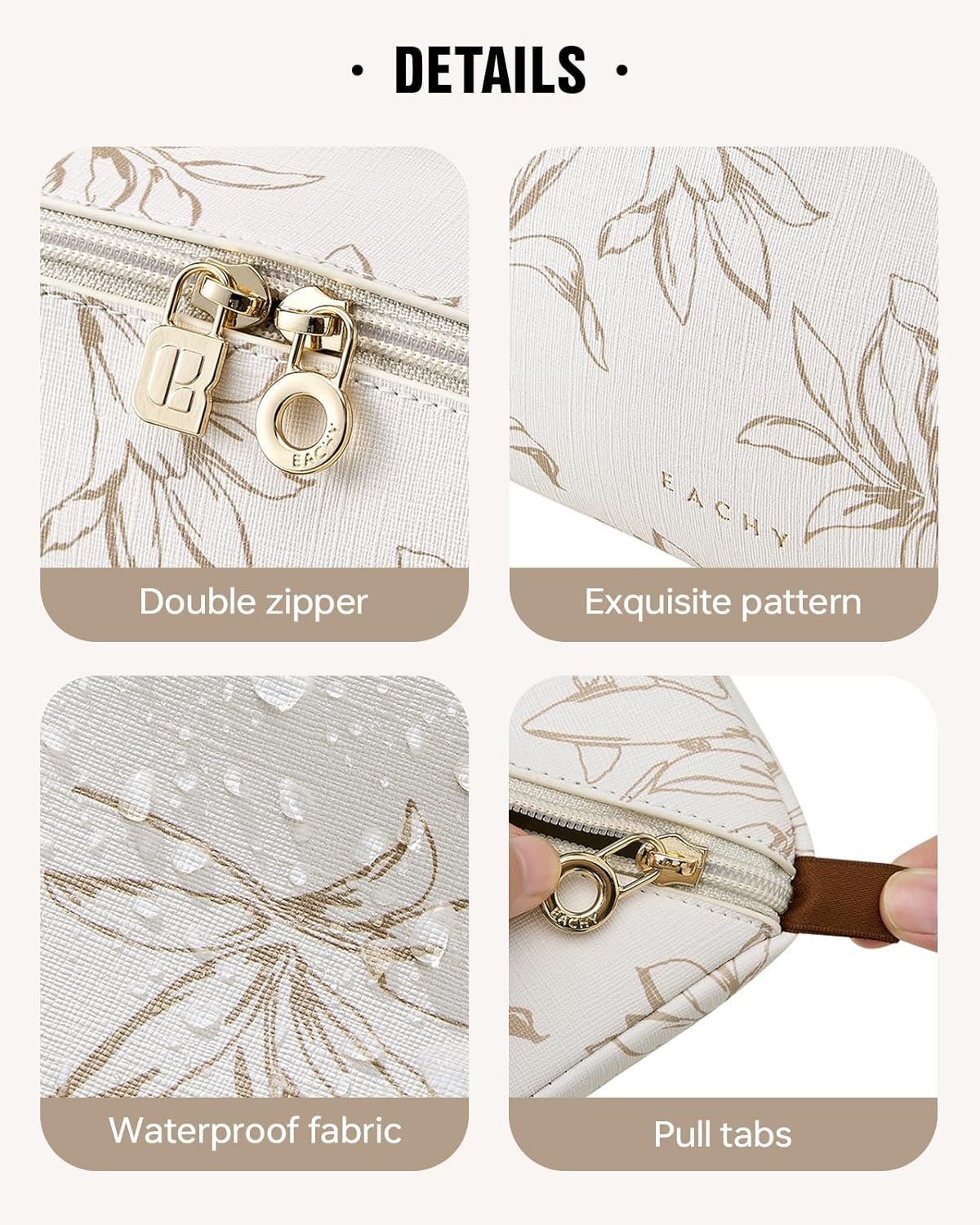 EACHY Travel Makeup Bag,Large Capacity Cosmetic Bags for Women,Waterproof Portable Pouch Open Flat Toiletry Bag Pattern Makeup Bag (F-Beige-Large)