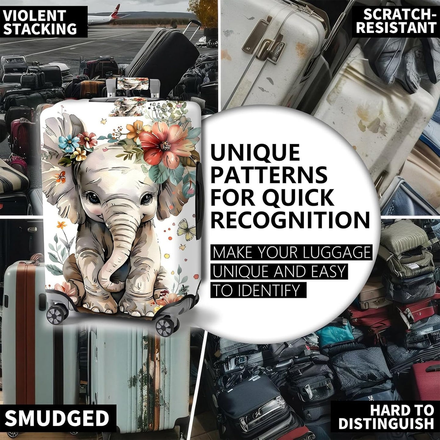 Travel Luggage Cover,Flowers ElephantTheme Suitcase Cover Accessory Kit, Luggage Tag, and Comfortable Luggage Handle Wrap, Washable Luggage Suitcase Protector (25-28 inch,L)