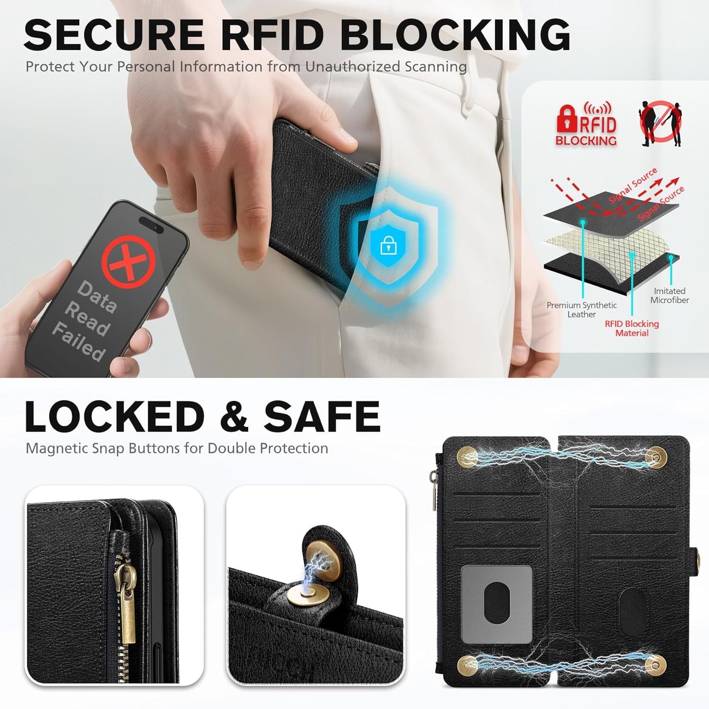 TUCCH Removable Crossbody Case Wallet for iPhone 17 6.3" 2025, 9 Card Slot RFID Blocking, Stand, Lanyard, Wrist Strap, Wireless Charging, Zipper Pocket, PU Leather, Magnetic Flip Cover, Textured Black