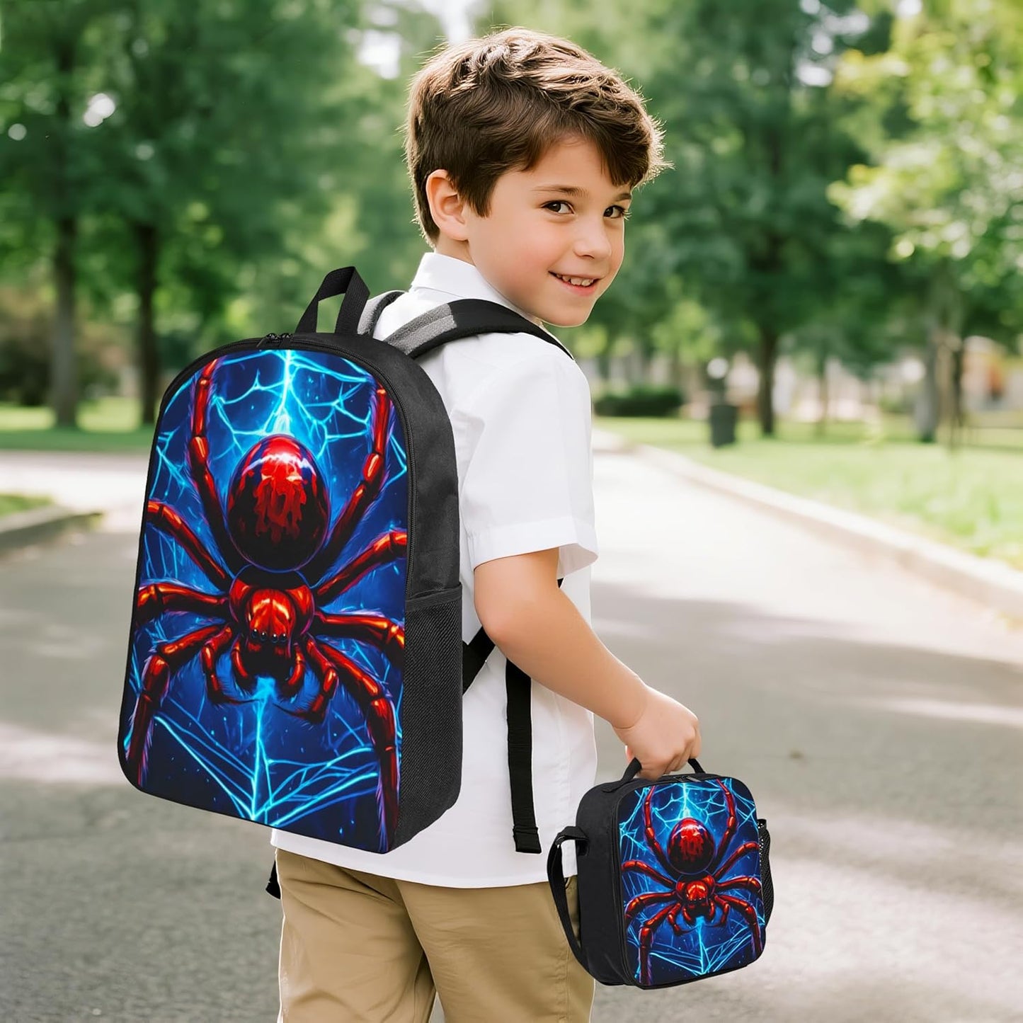 Halloween Kids School Backpack Set with Lunch Bag & Pencil Case 17 Inch Large Capacity School Bag Bookbag for Boys Girls