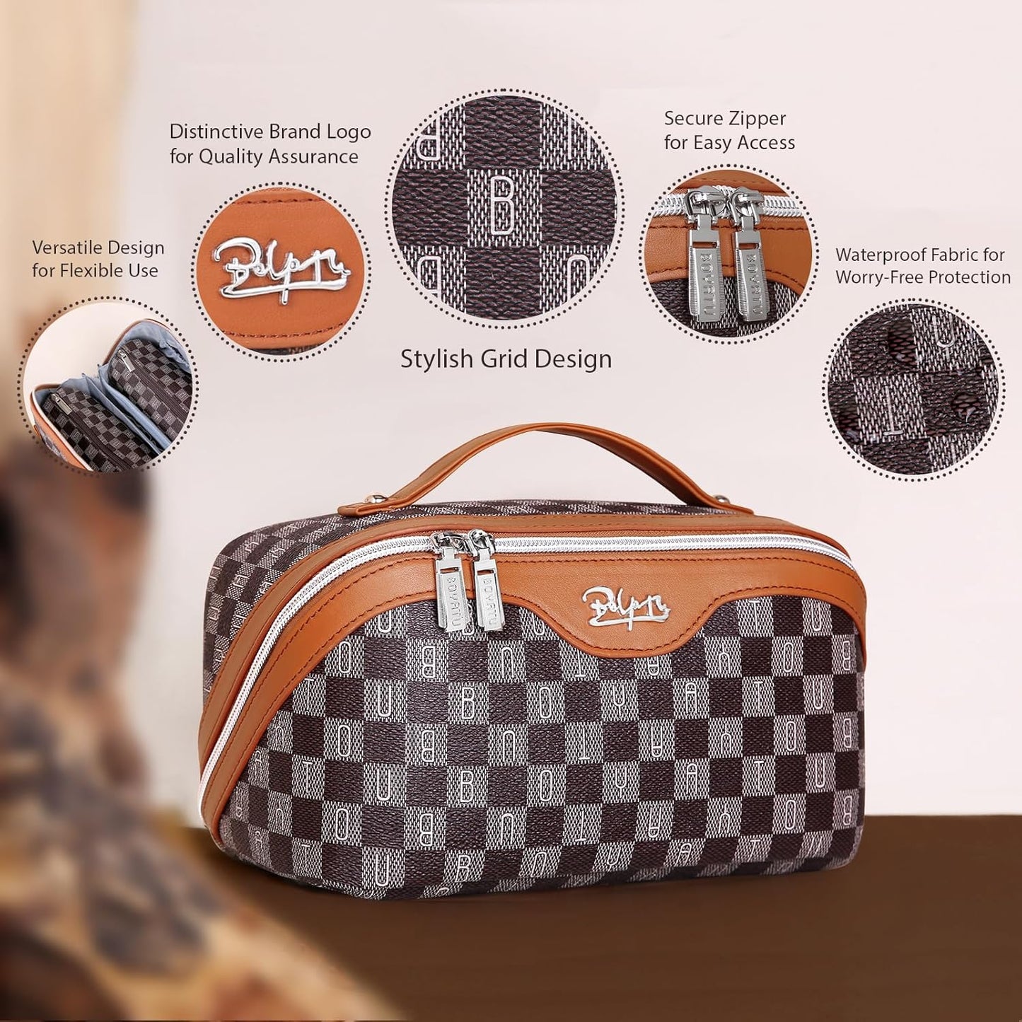 BOYATU Travel Makeup Bag Cosmetic Bags for Women: 3 Pcs Set Portable Make up Bag with Handle - Vegan Leather Toiletry Bags with Compartments - Makeup Organizer for Travel Essentials(C-2-Brown)