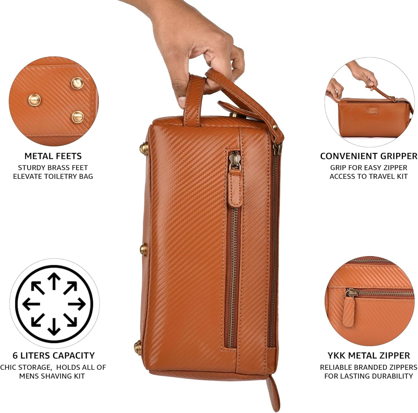 LEATHER VILLAGE Premium Carbon Fiber Genuine Leather Travel Toiletry Bag - Large Compact Dopp Kit, Water-Resistance Shaving & Cosmetic Organizer for Men & Women - Tan