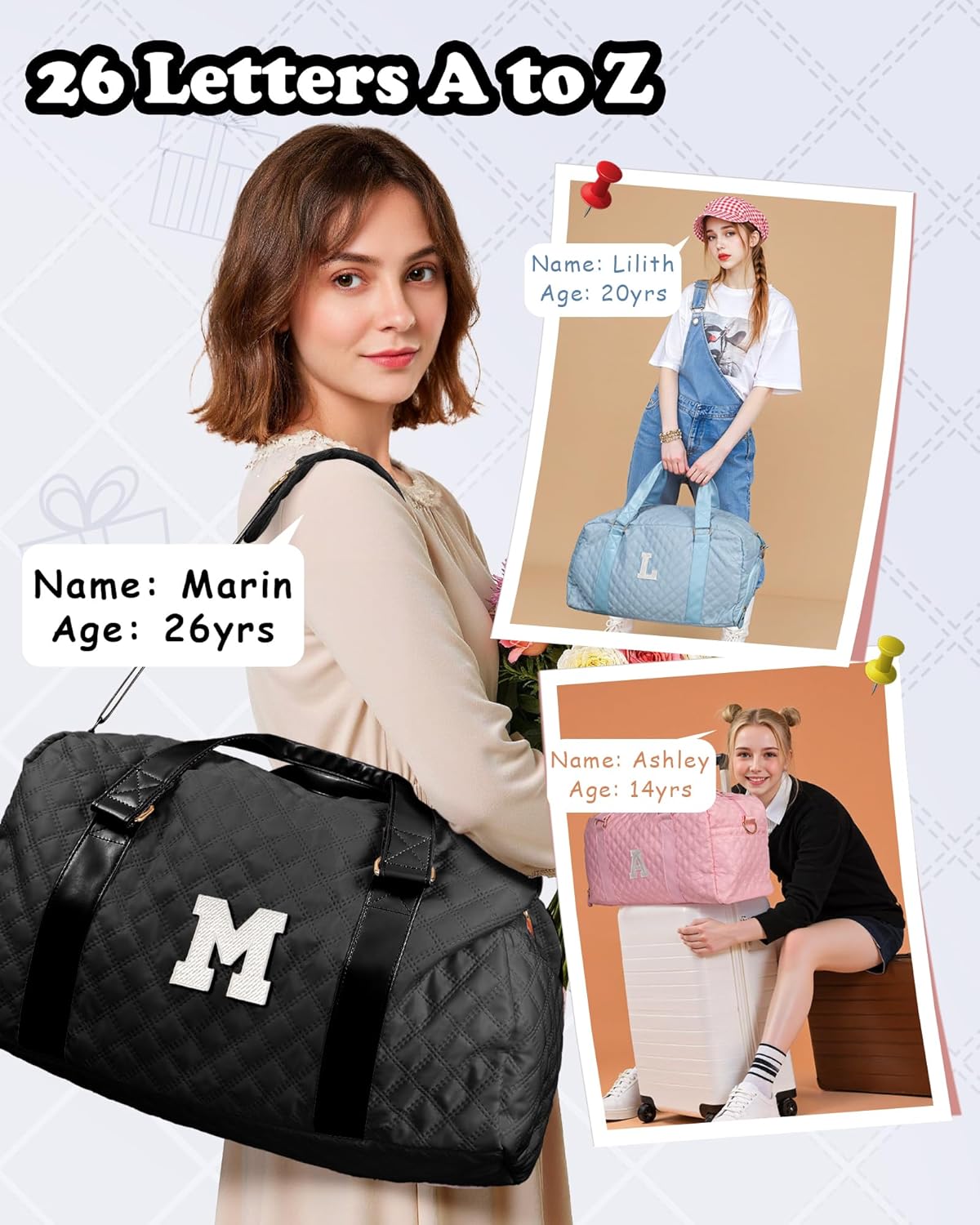 Travel Bags, Gifts for Friends Female Women, Initial Travel Duffel Bag, Gym Bag, Personalized Weekender Bag, Friend Wedding Girlfriend Birthday Gifts for Teen Girls, Graduation Gifts