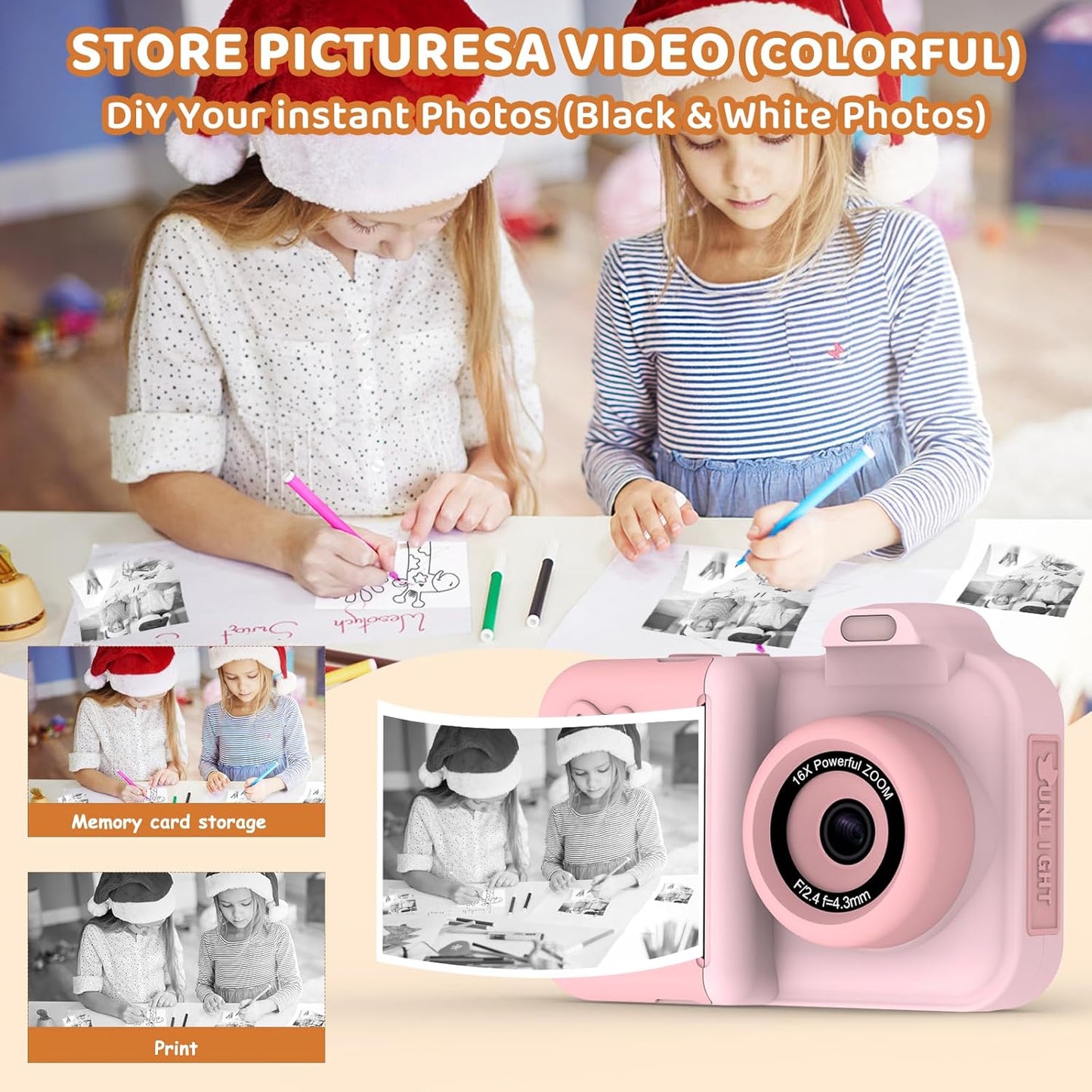Kids Camera Instant Print, Christmas Birthday Gifts Toys for Girls Boys Age 4 5 6 7 8 9 10 11 12 Years Old,1080P HD Dual Lens Selfie Digital Camera with 5 Rolls Print Paper Stickers Pens 32G Card