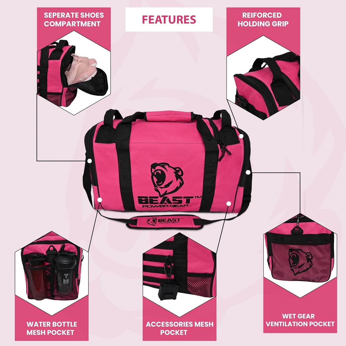 Beast Power Gear Gym Duffle Bag- Workout, Boxing, MMA, Sports Bag with Shoes Compartment and Adjustable Shoulder Strap for Men and Women (Pink/Black)