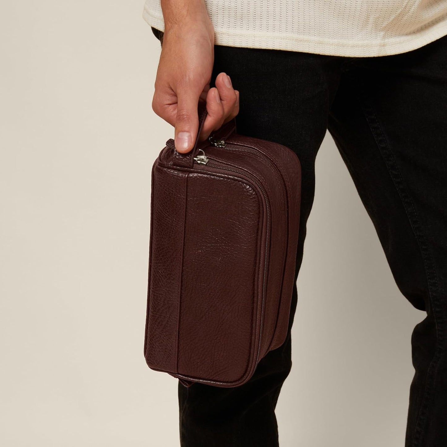 Leatherology Premium Espresso Leather Toiletry Bag – Small Double Zip Dopp Kit – Full Grain Leather Travel Organizer with Water-Resistant Lining – Compact Grooming Bag for Men or Women