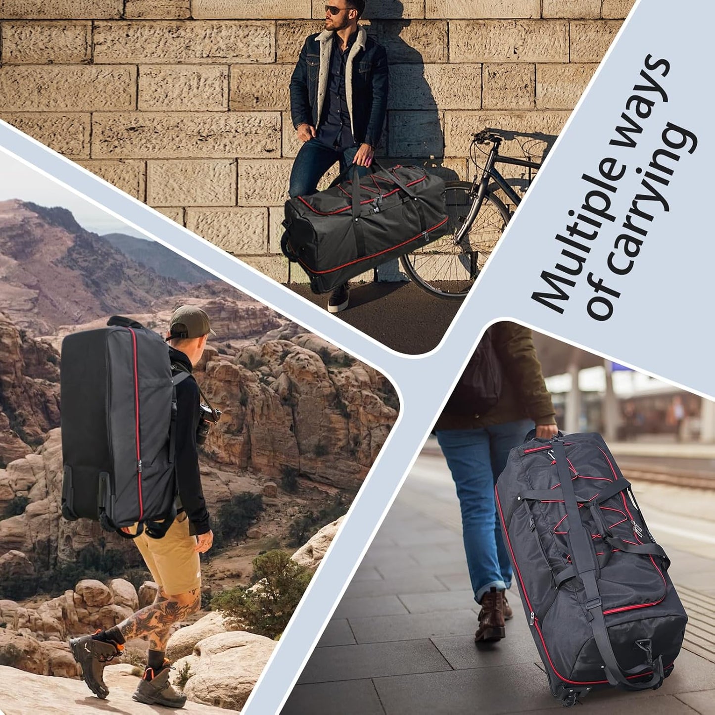 110L Expandable to 140L 32” Foldable Oxford Soft-Sided Rolling Duffle Bag with 2 Heavy-Duty Wheels,3 Large Compartments,Adjustable Shoulder Strap and Attached Organizer Pouch,Black Red