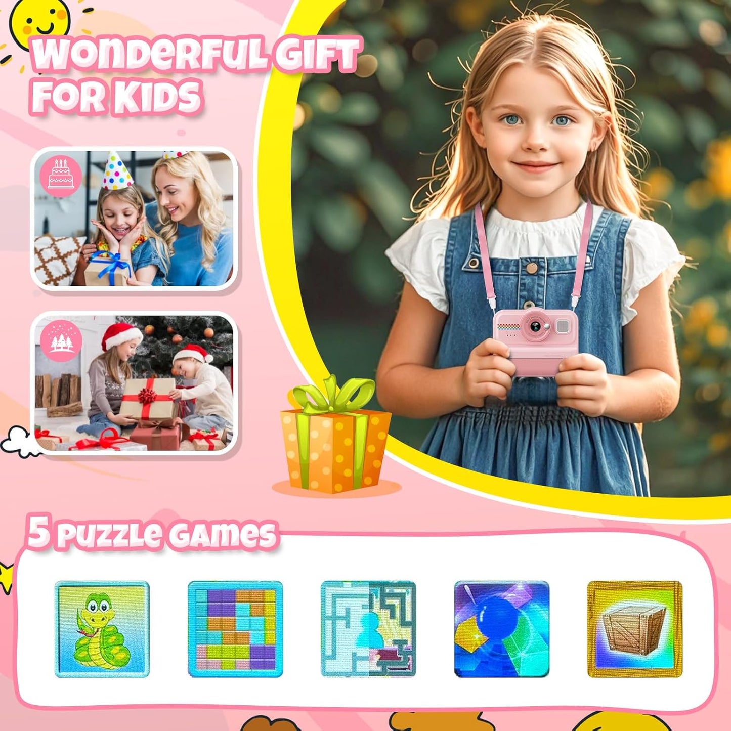 Kids Instant Print Camera, 1080P HD with 3 Rolls Print Paper & 32GB Card, Selfie Digital Camera for Kids, Ideal Gift for Boys & Girls Age 3-14 (Pink)