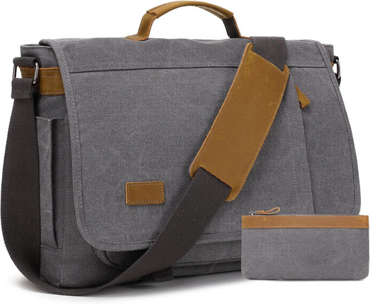 17.3 Inch Messenger Bag for Men: 2PCS Laptop Bag PU Leather Canvas Work Briefcase Large Office