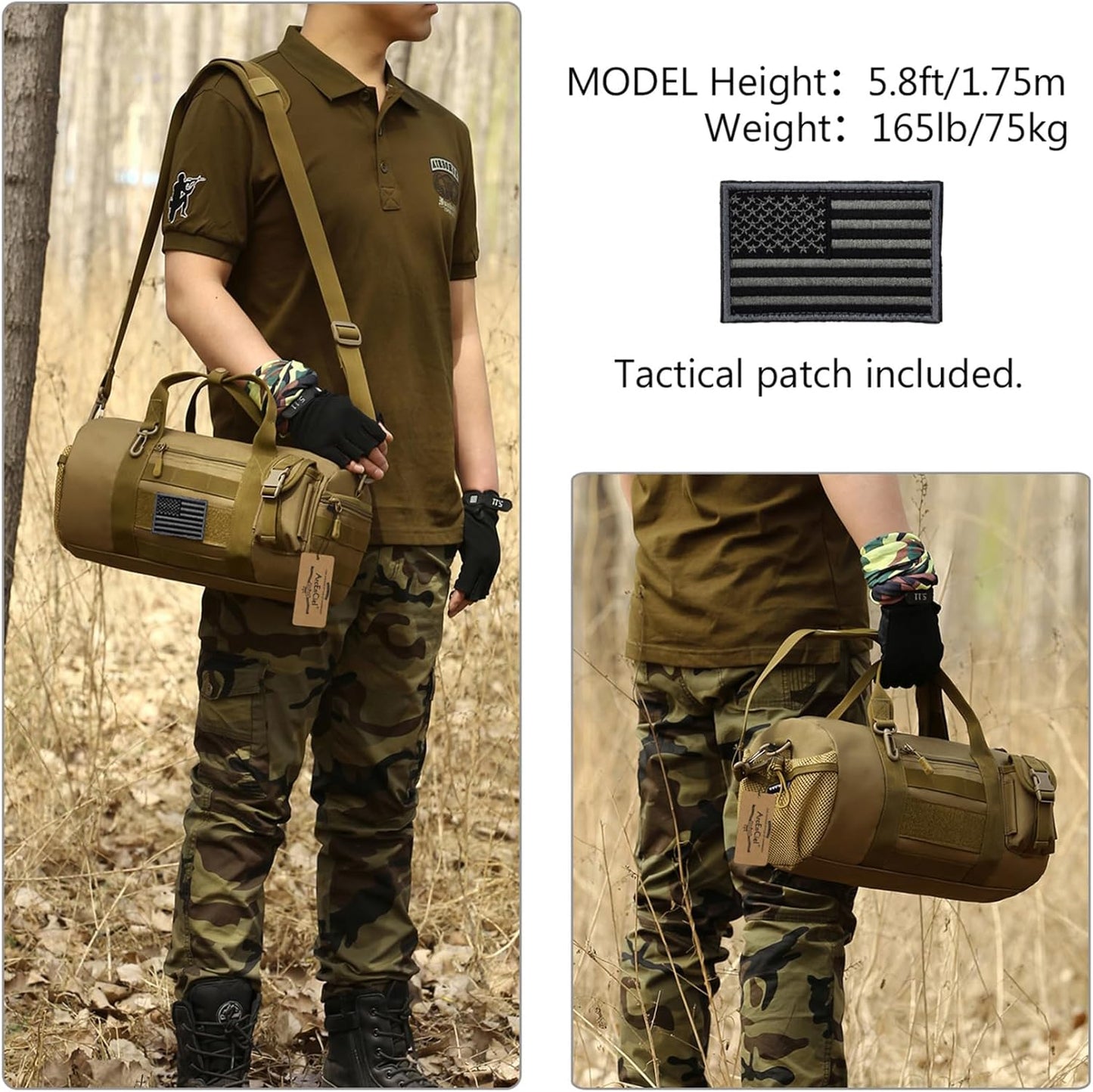 ArcEnCiel Small Tactical Duffle Bag Men Gym Pack Military Molle Shoulder Bags Shoes Storage Sports Handbag with Patch (Coyote Brown)