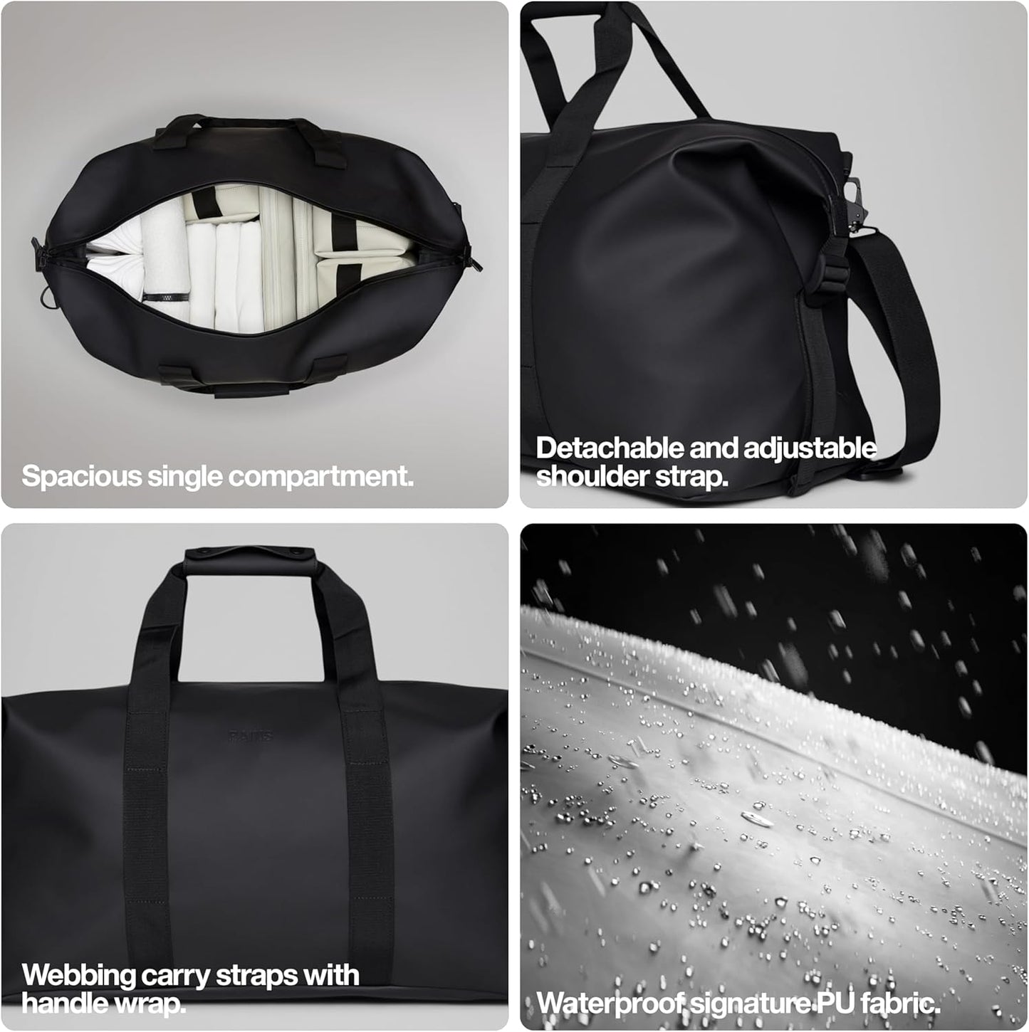RAINS Regular Weekend Bag - Waterproof Travel Duffel for Men and Women - Duffle with Coated Zip, Adjustable Strap