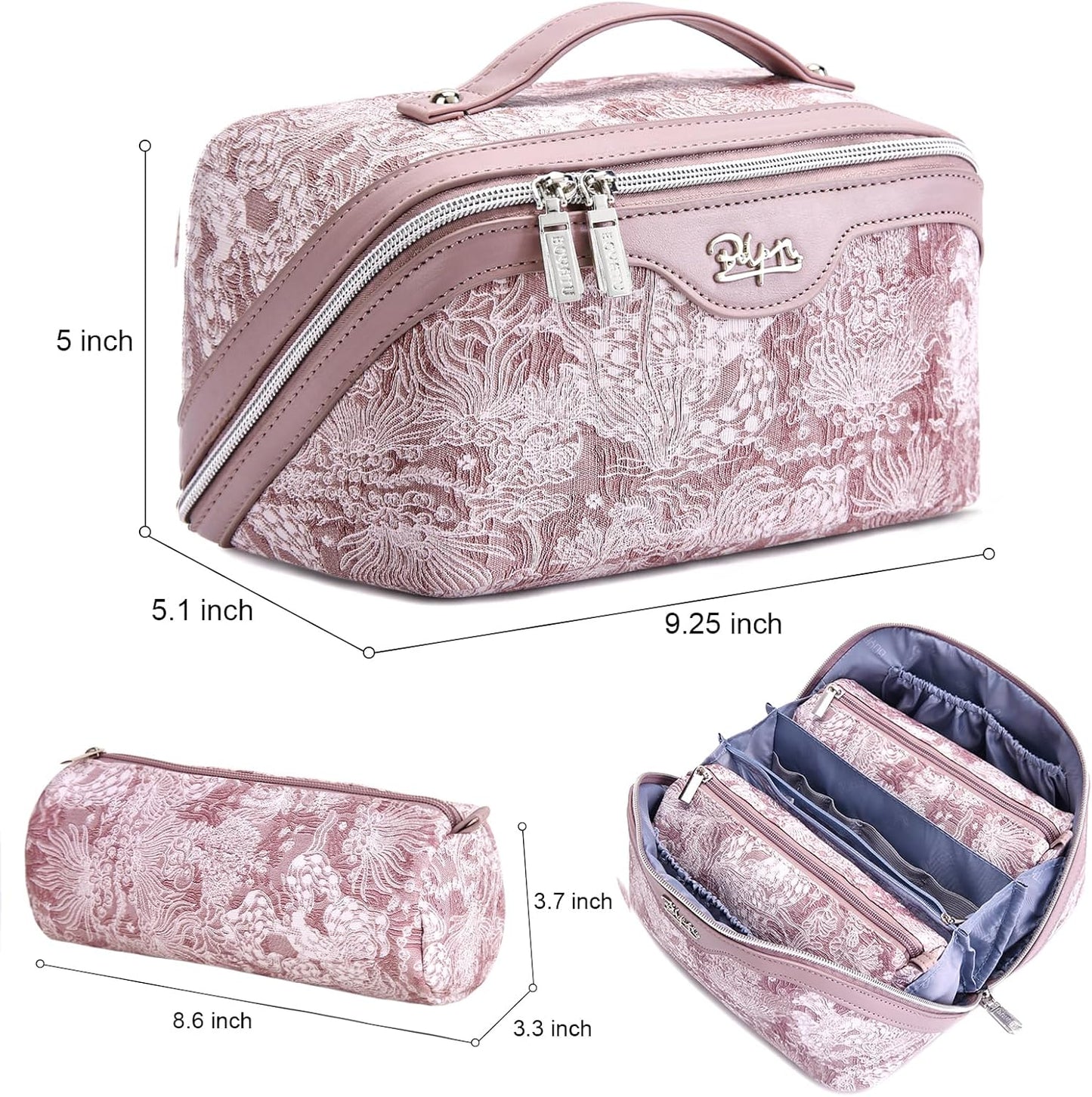 BOYATU Travel Makeup Bag for Women: Large Capacity Make up Bag with Compartments - Vegan Leather Cosmetic Bag set of 3 - Waterproof Toiletry Bag with Handle & Divider(E-1-Purple)