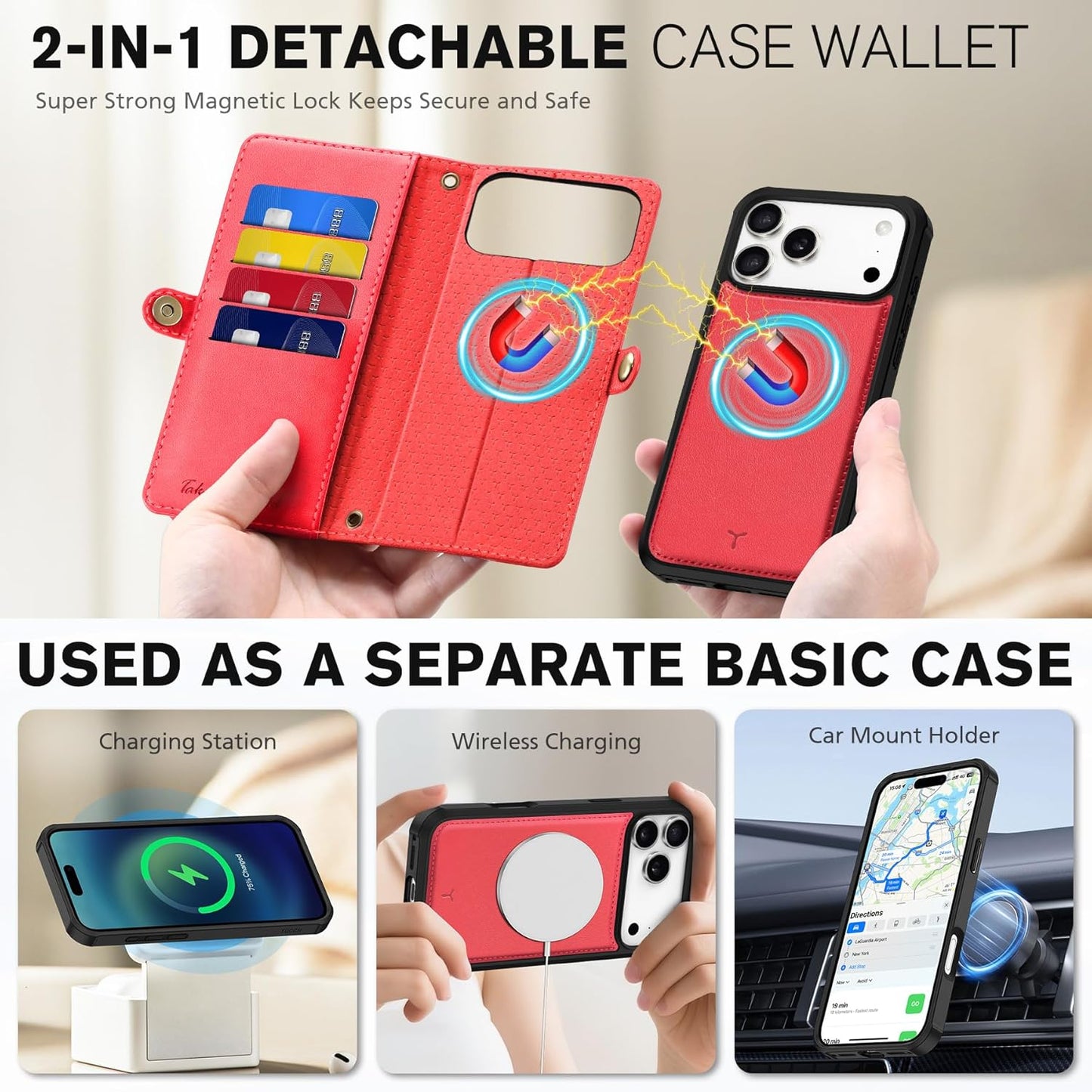 TUCCH Detachable Crossbody Wallet Case for iPhone 17 Pro Max 6.9", 10 Card Slots RFID Blocking | Stand | Lanyard Wrist Strap | Wireless Charging | Zipper Pocket | PU Leather Magnetic Cover | Red