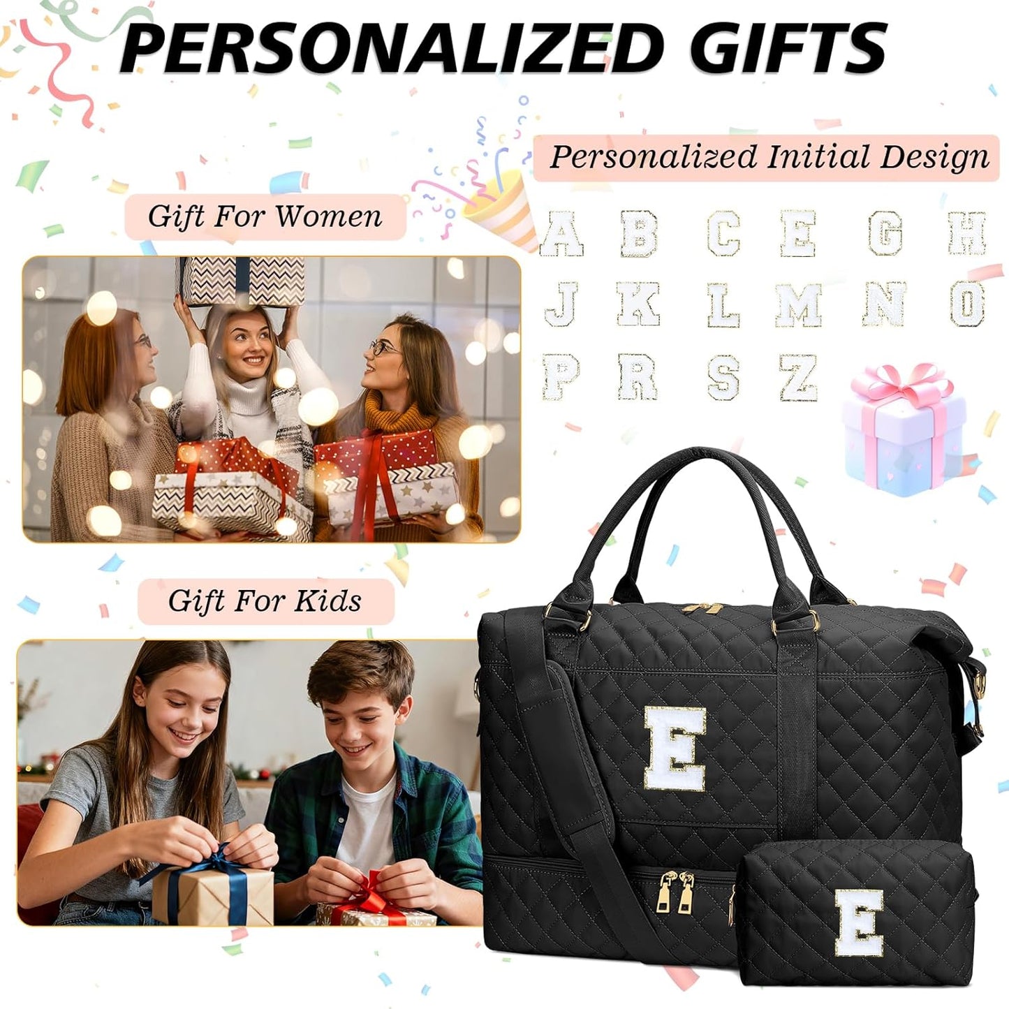 Gifts for Women Girls Initial Travel Duffle Bag Quilted Weekender Carry-On Overnight with Cosmetic Bag, Gym Bag with Shoe Compartment, Black E