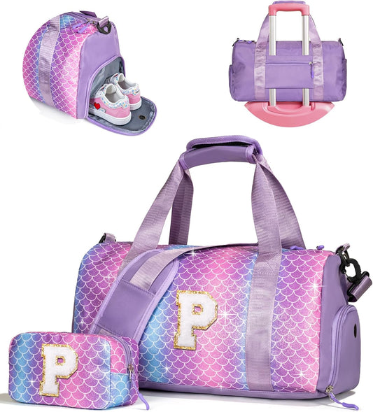 Christmas Gifts for Grandkids-Girl Gym Bag with Shoe Compartment, Kid Personalized Weekender Overnight Bags, Initial Travel Tote with Makeup Pouch, Gift for Girls Age 8-10 (Letter P)