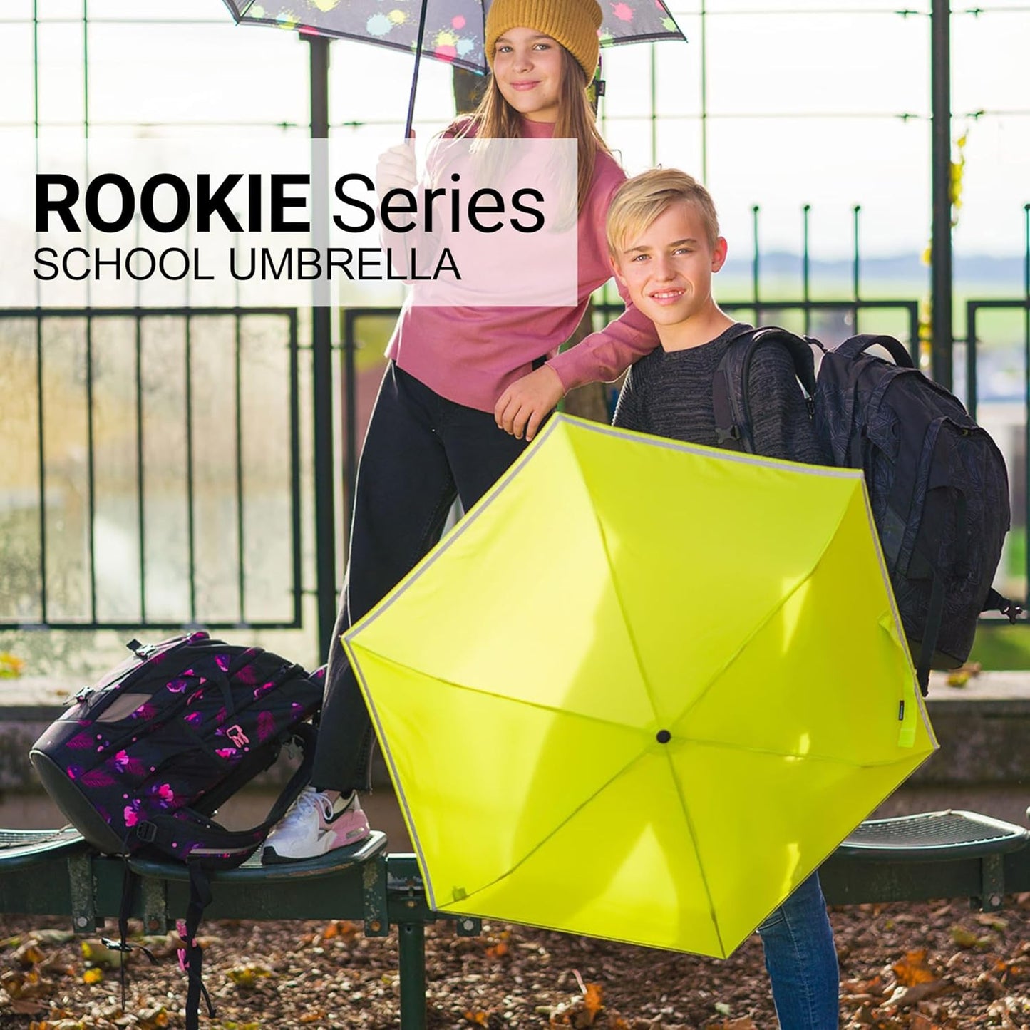 Knirps Rookie Manual Rain Umbrella for Elementary and Middle School Kids – 35.4" Canopy with Reflective Safety Stripe, Carrying Case Included
