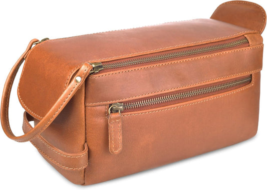 Leather Travel Toiletry Bag for Men & Women – Genuine Leather Dopp Kit, Shaving Organizer, Waterproof Lining, Spacious Toiletry Organizer Gift for Unisex - Cognac Brown