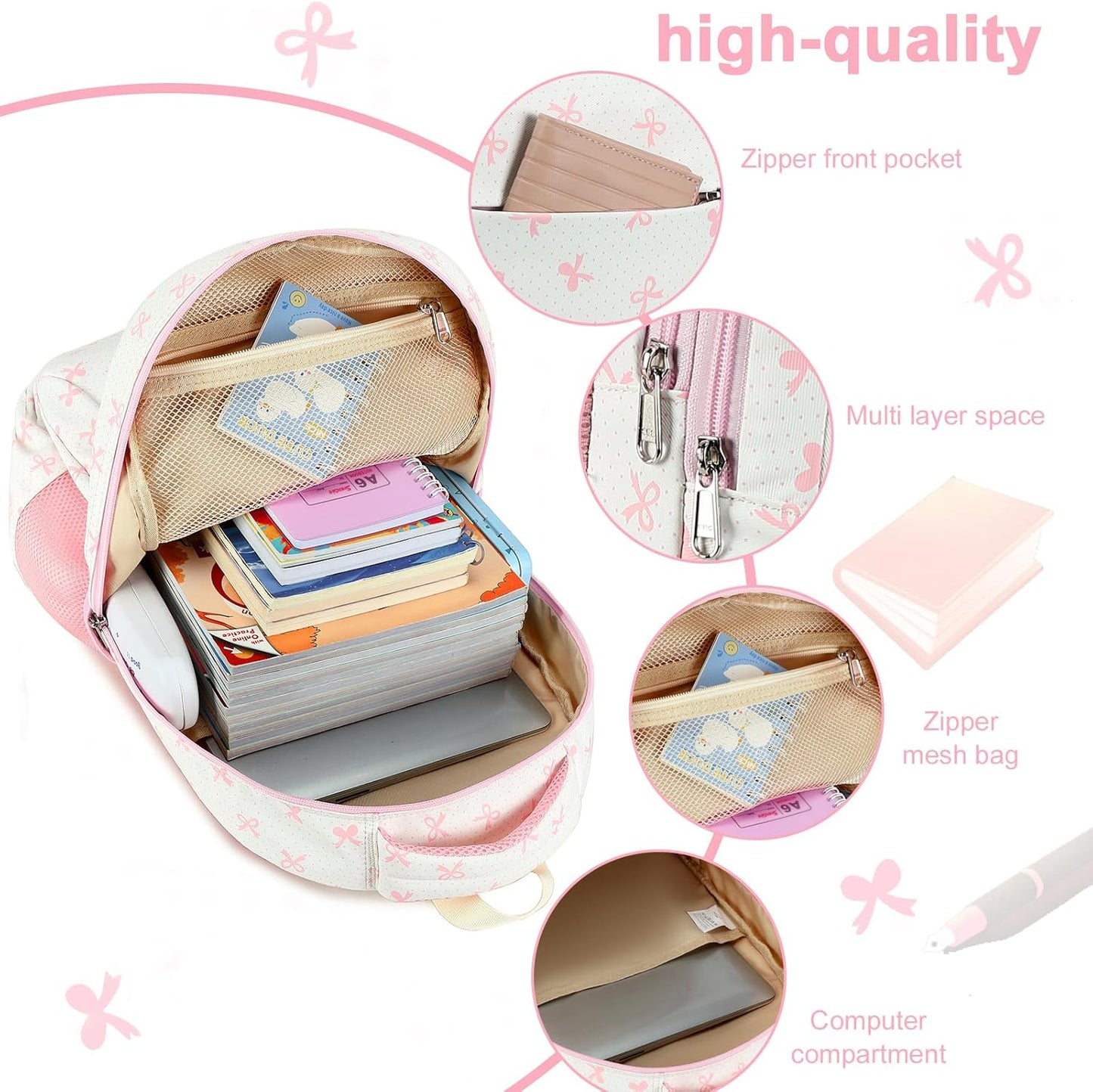 LEDAOU School Backpack for Girls Boys Kids Bookbag Elementary Primary Middle School Bag Travel Back Pack for Ages 6-14 (Pink Bow)