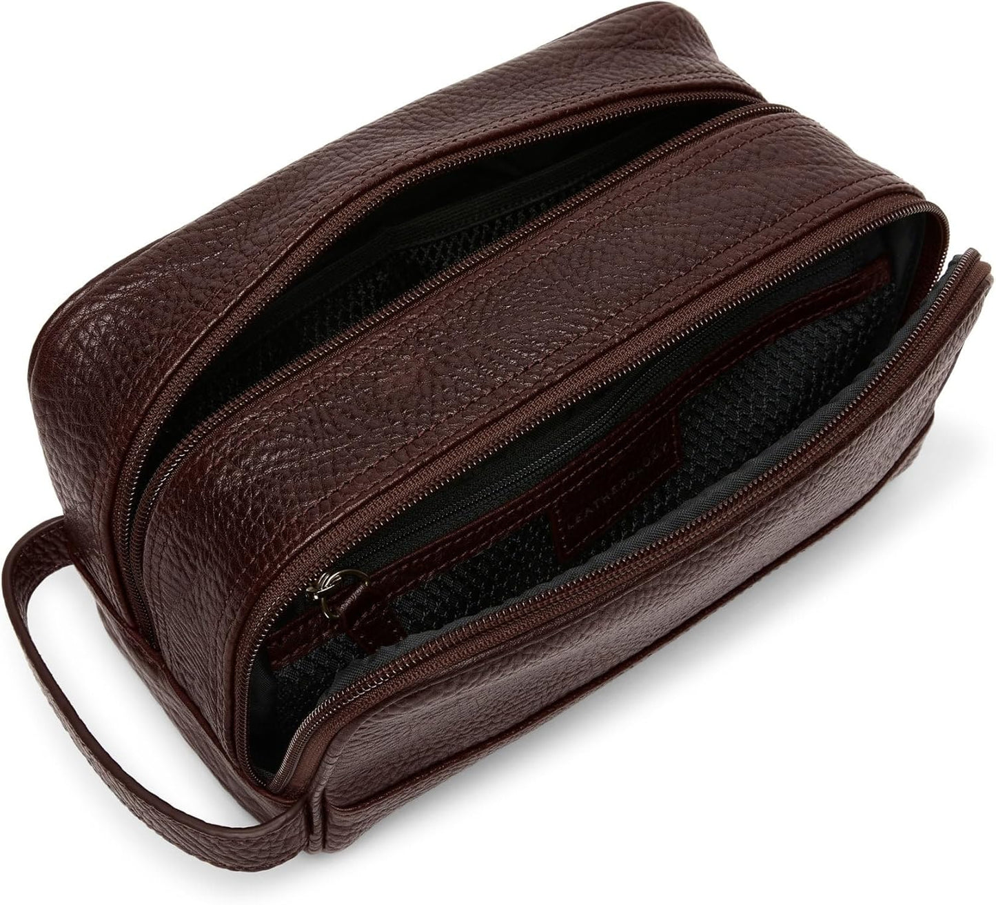 Leatherology Premium Espresso Leather Toiletry Bag – Small Double Zip Dopp Kit – Full Grain Leather Travel Organizer with Water-Resistant Lining – Compact Grooming Bag for Men or Women