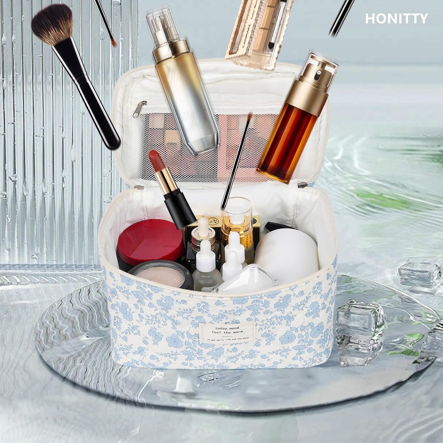 Makeup Bag,Quilted Cosmetic Bags,Large Floral Make Up Bags for Women, Makeup Organize,Flower Travel Toiletry Bag