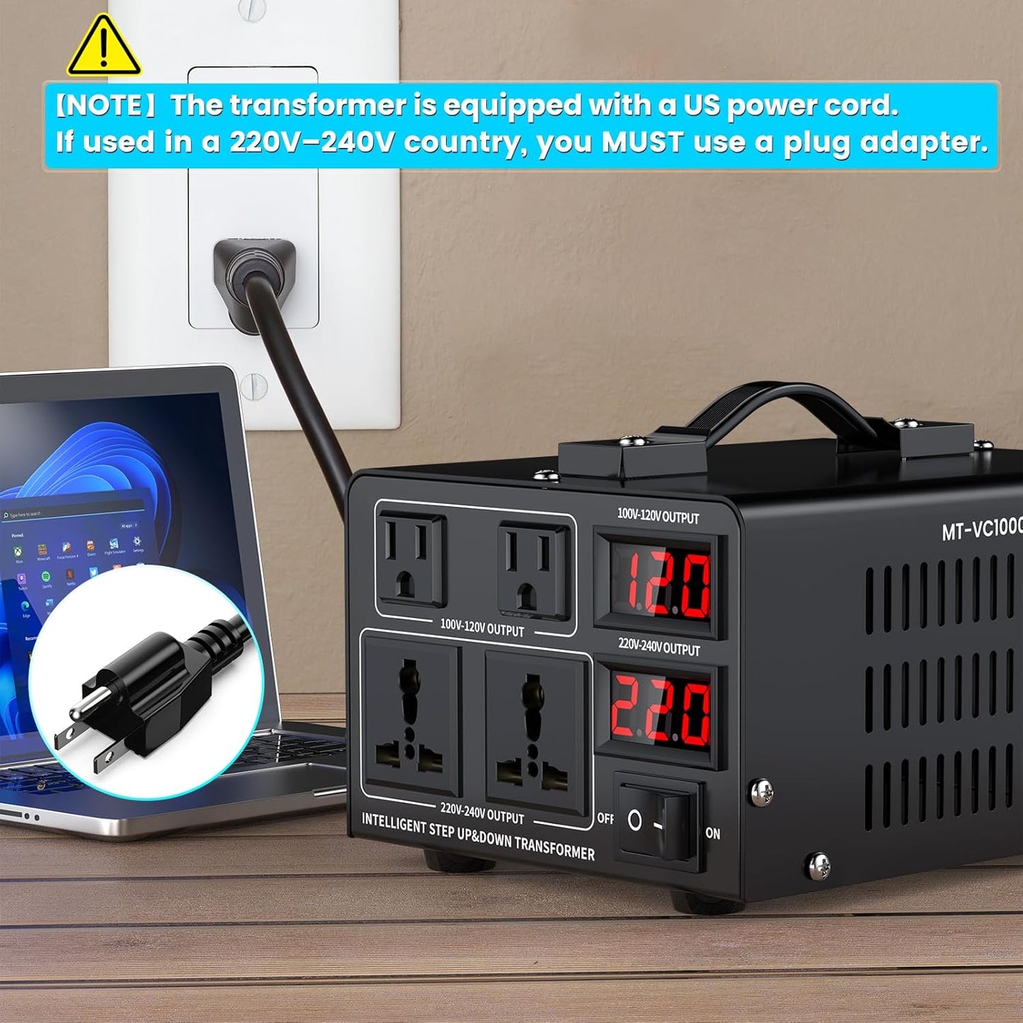 1000W Voltage Converter Transformer(110V to 220V or 220V to 110V) Step Up/Down Converter 110/120 Volt - 220/240 Volt w/US Power Cord,Circuit Breaker Protection, LCD Screen Display