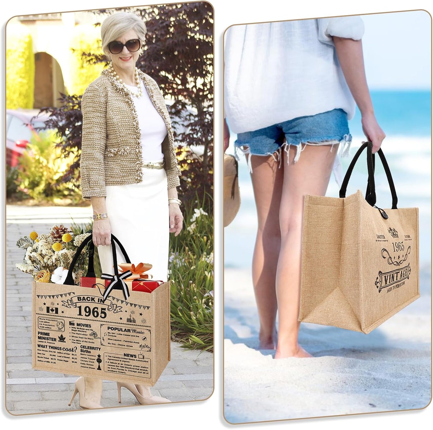 YeohJoy 60th Birthday Gifts for Women Jute Tote Bag, Vintage 1965 Burlap Bag with Cosmetic Bag and Back in 1965 Poster, Unique 60 Years Old Gifts for Mom Friends Wife Sister Her