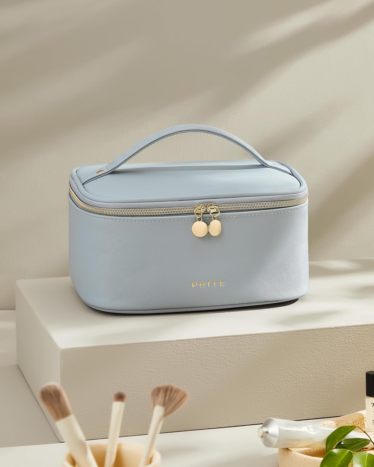 Prite Makeup Bag Portable Cosmetic Organizer with Brush Holder Waterproof Travel Toiletry Bag for Women with Handle and Divider (Blue)