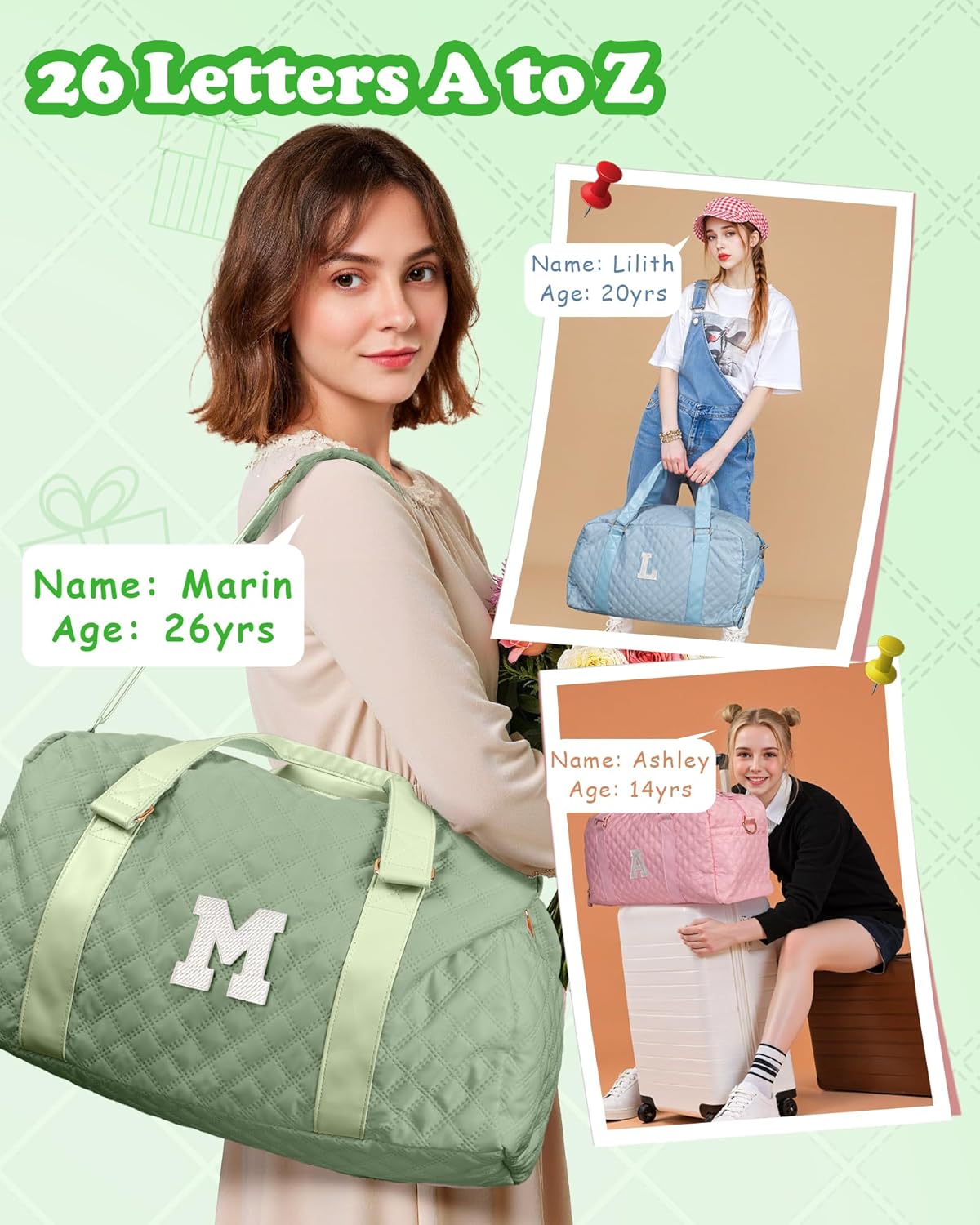 Initial Duffle Bag Women Girls Gift: Personalized Travel Gym bags, Dance Cheer bag Sports for Girl, Kid Gymnastics Bags, Birthday Gifts for Women Girls Kids Teens Mom Teacher