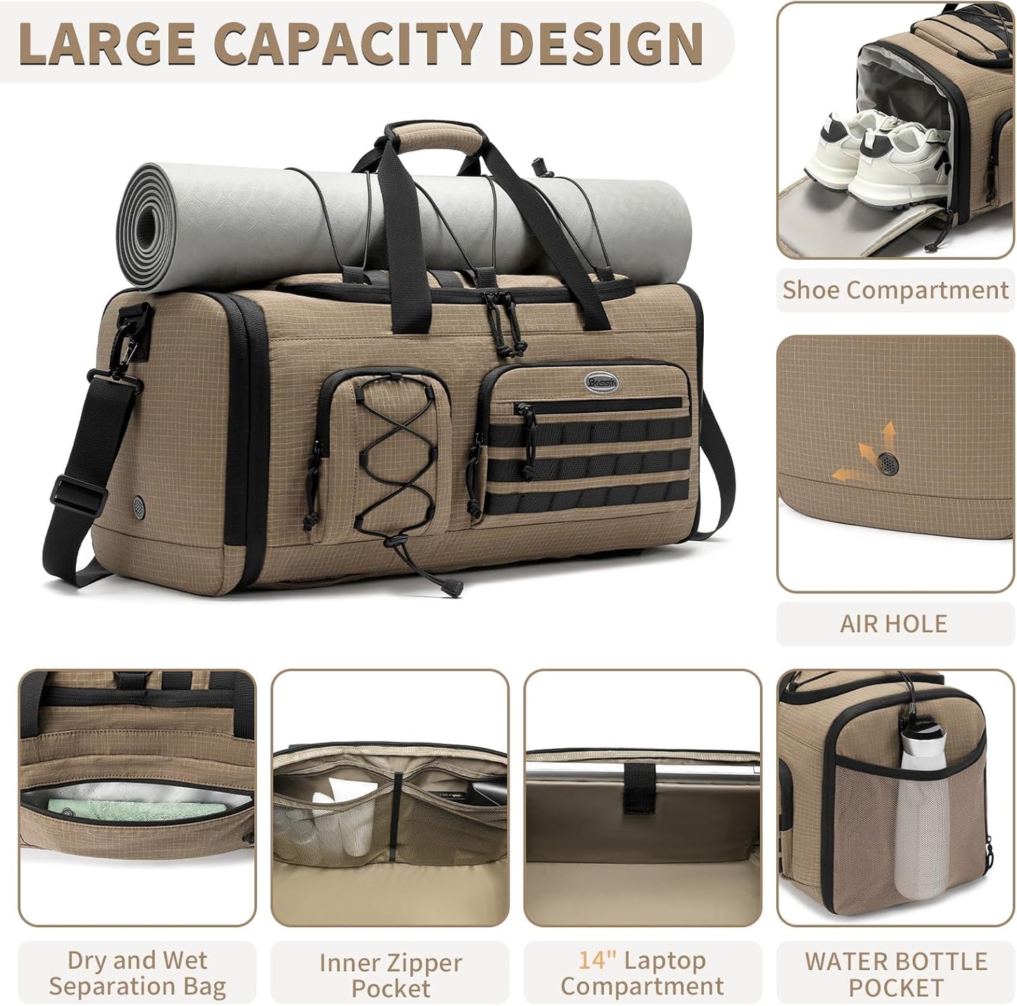 Bosstin Gym Bag for Men & Women,45L Travel Duffle Sports Duffel Bag Gym Weekender Overnight Backpack with Shoe Compartment (KHAKI CHECKERED)