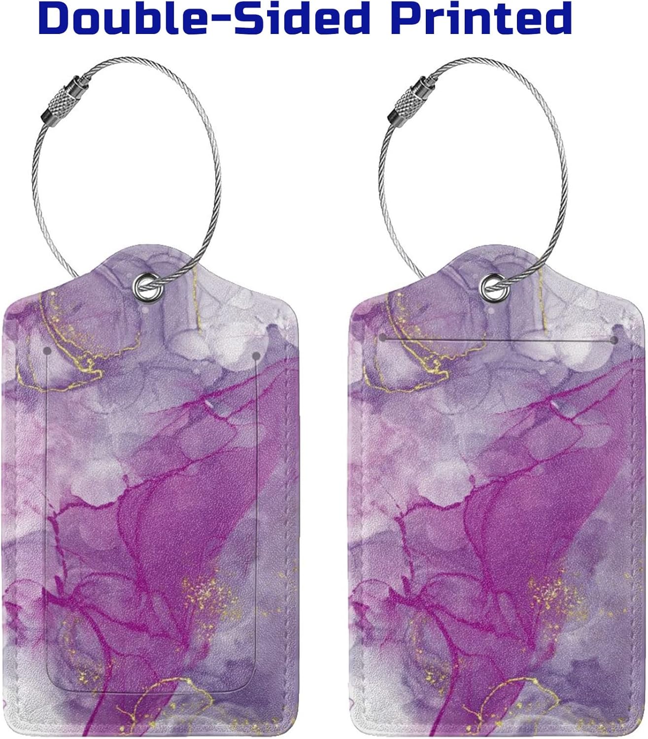2 Pack Abstract Purple Luggage Tag for Suitcases Women, Art Painting Violet and Gold Marble PU Leather Airport Travel Bag Tags for Cruise Ships, Baggage Name Tags with with Full Back Privacy Cover