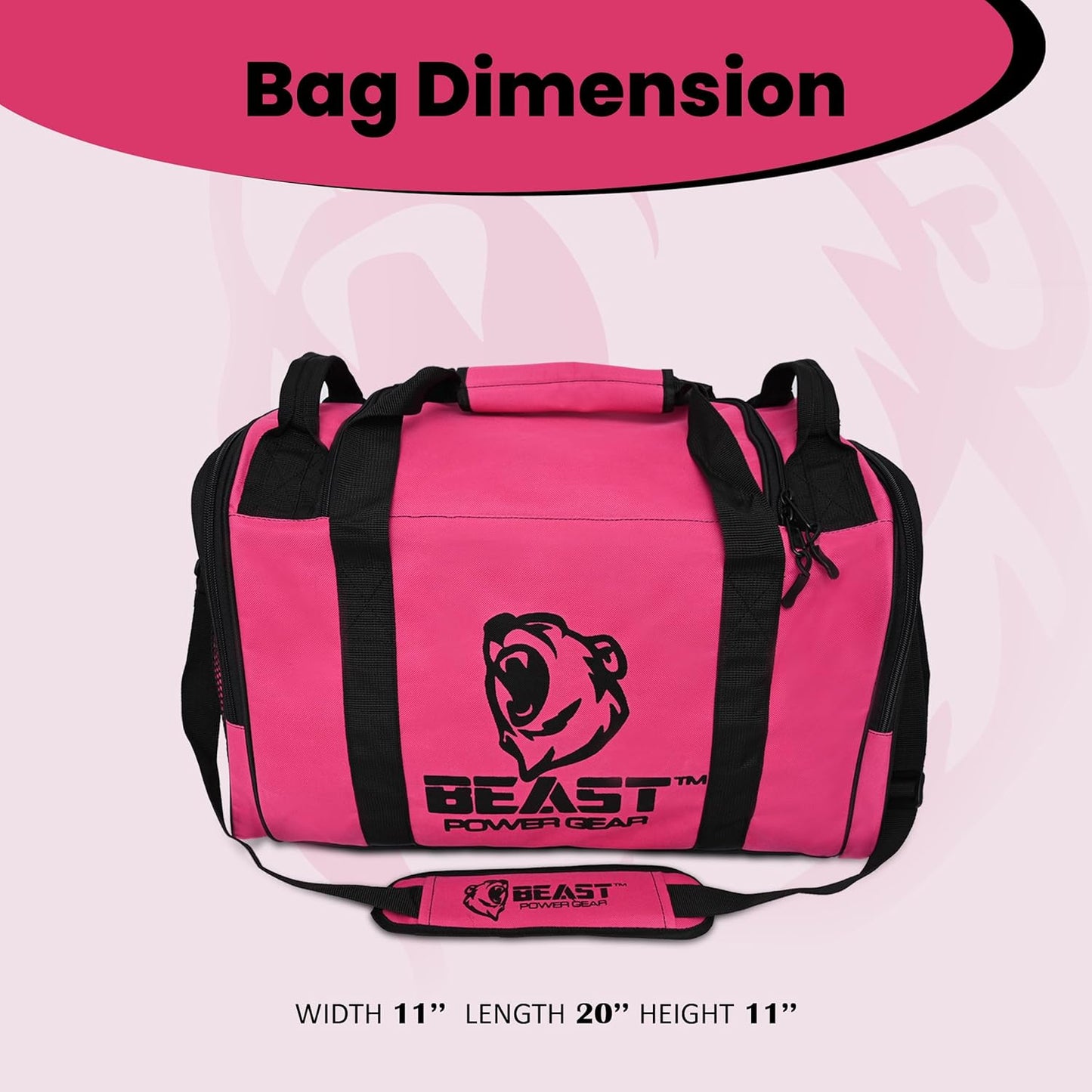 Beast Power Gear Gym Duffle Bag- Workout, Boxing, MMA, Sports Bag with Shoes Compartment and Adjustable Shoulder Strap for Men and Women (Pink/Black)