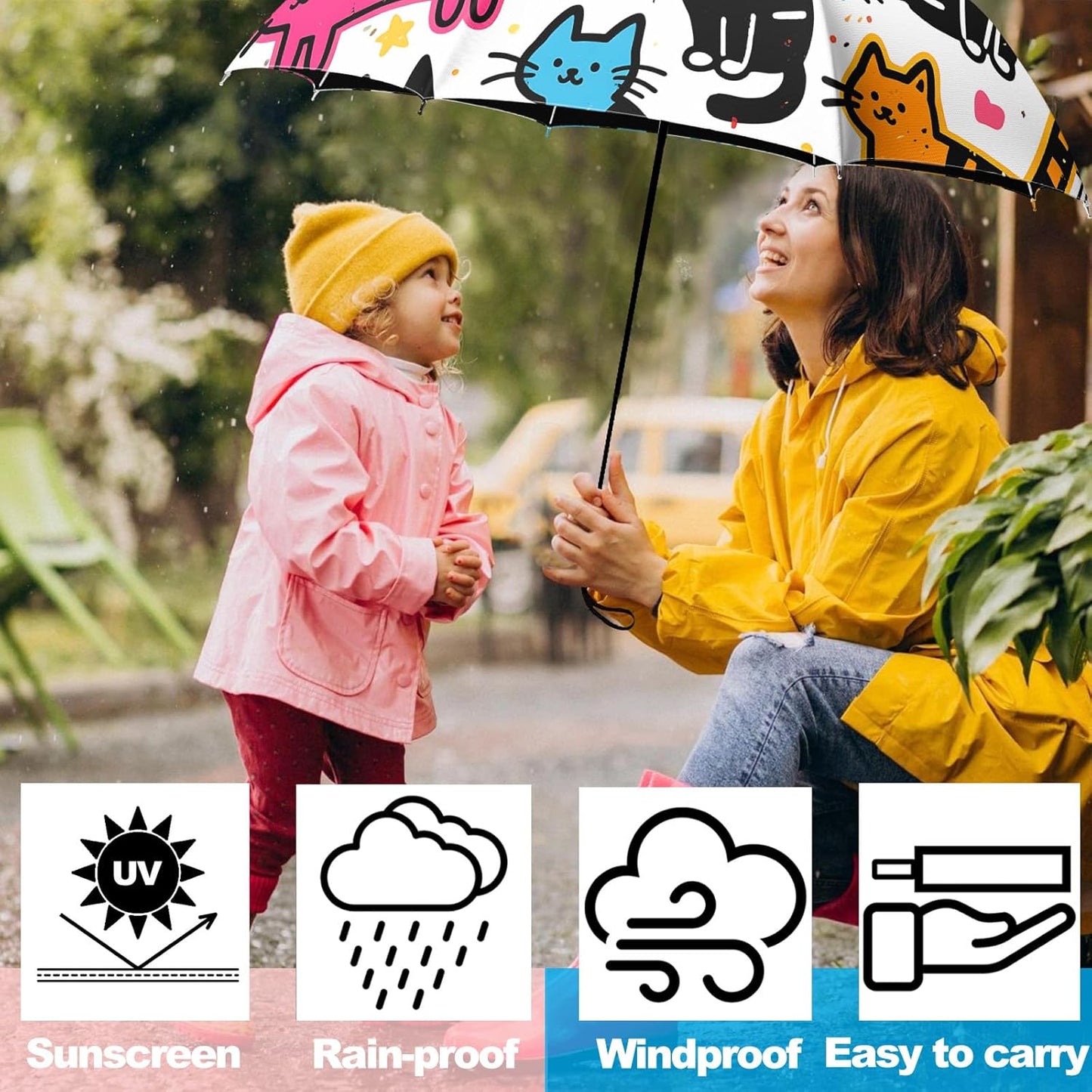 Small Travel Folding Umbrella for Girl, Portable, UV, SunShade, Compact, Automatic, Rain & Wind