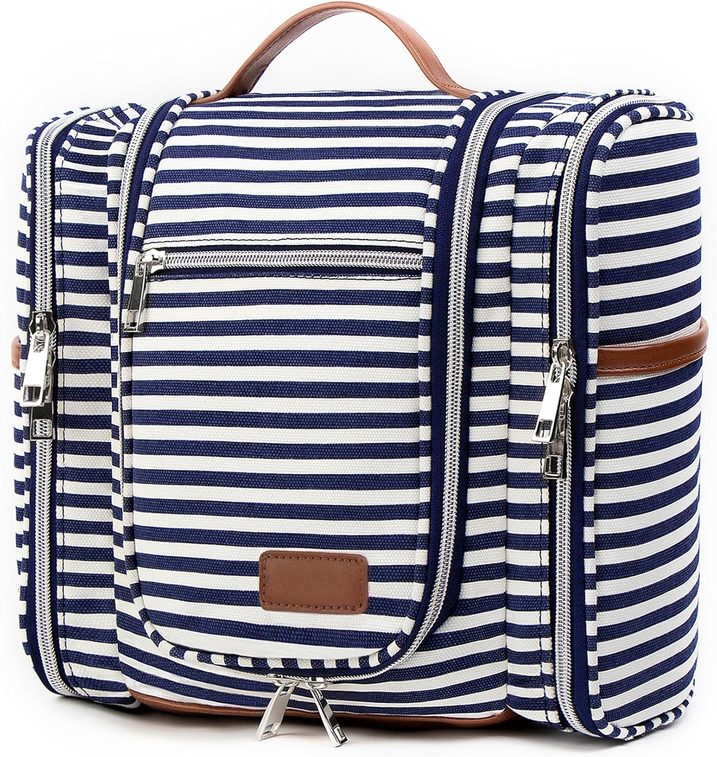 Pearl Angeli Hanging Toiletry Bag for Women, Large Makeup Cosmetic Bag, Water Resistant Toiletries Travel Essentials Organizer, Full-size Container, Navy-striped